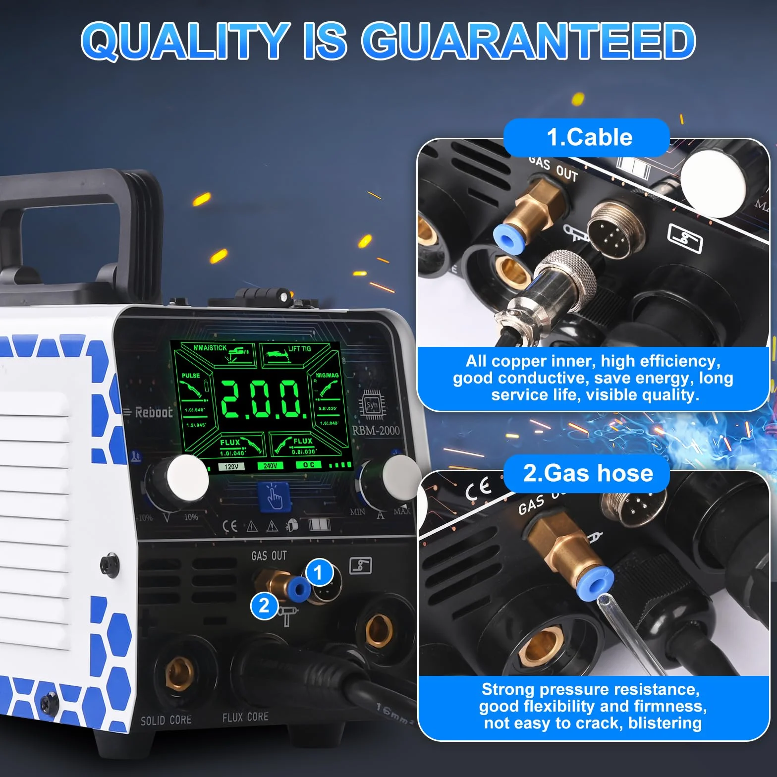 Reboot RBM2000 PRO Saldatrice MIG 200A 5 in 1 Inverter Sinergico MIG Gas/Gasless MMA Lift TIG Spot Display LED