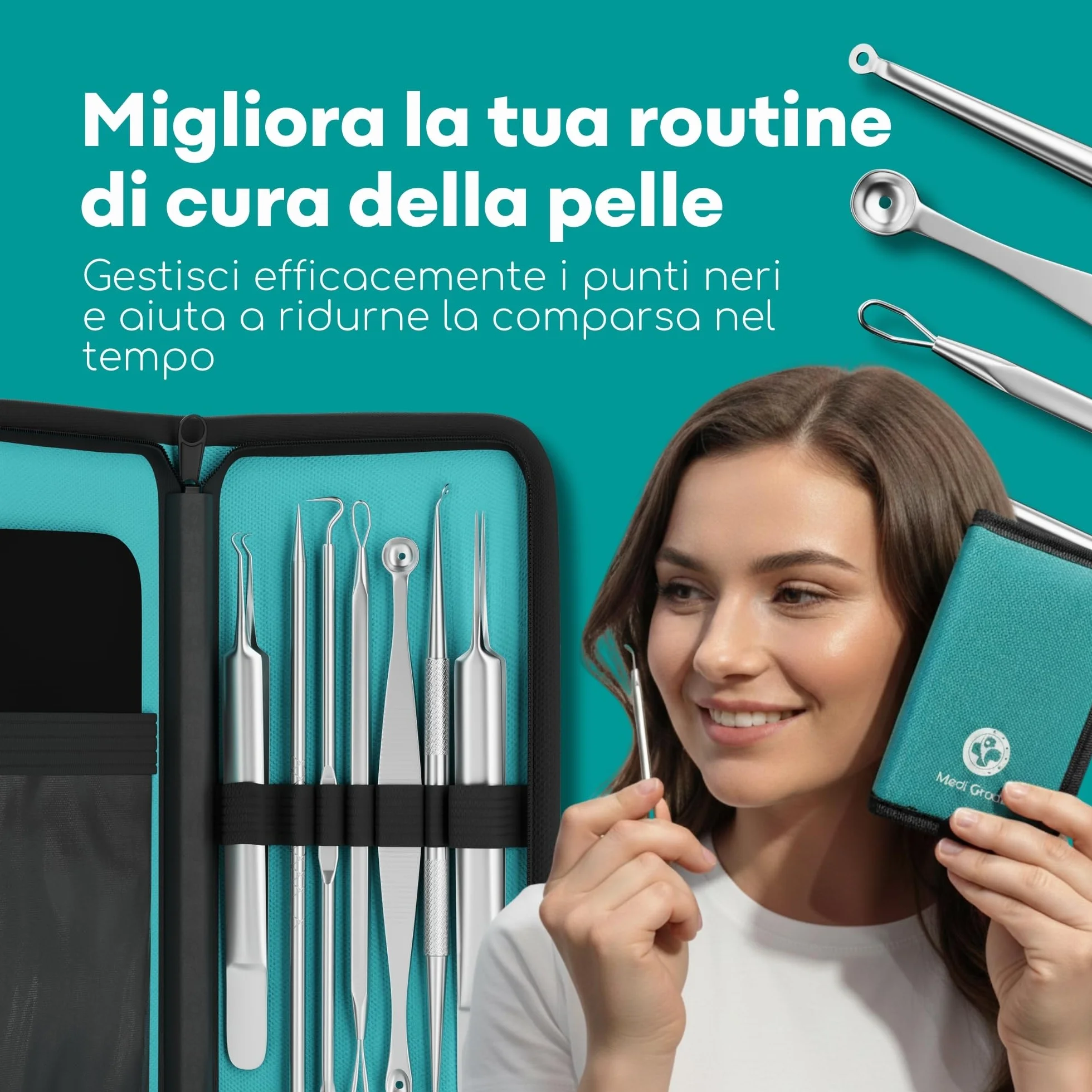 Medi Grade Kit Schiaccia Brufoli e Estrattore Punti Neri Medi Grade, Set di 7 Strumenti Togli Punti Neri