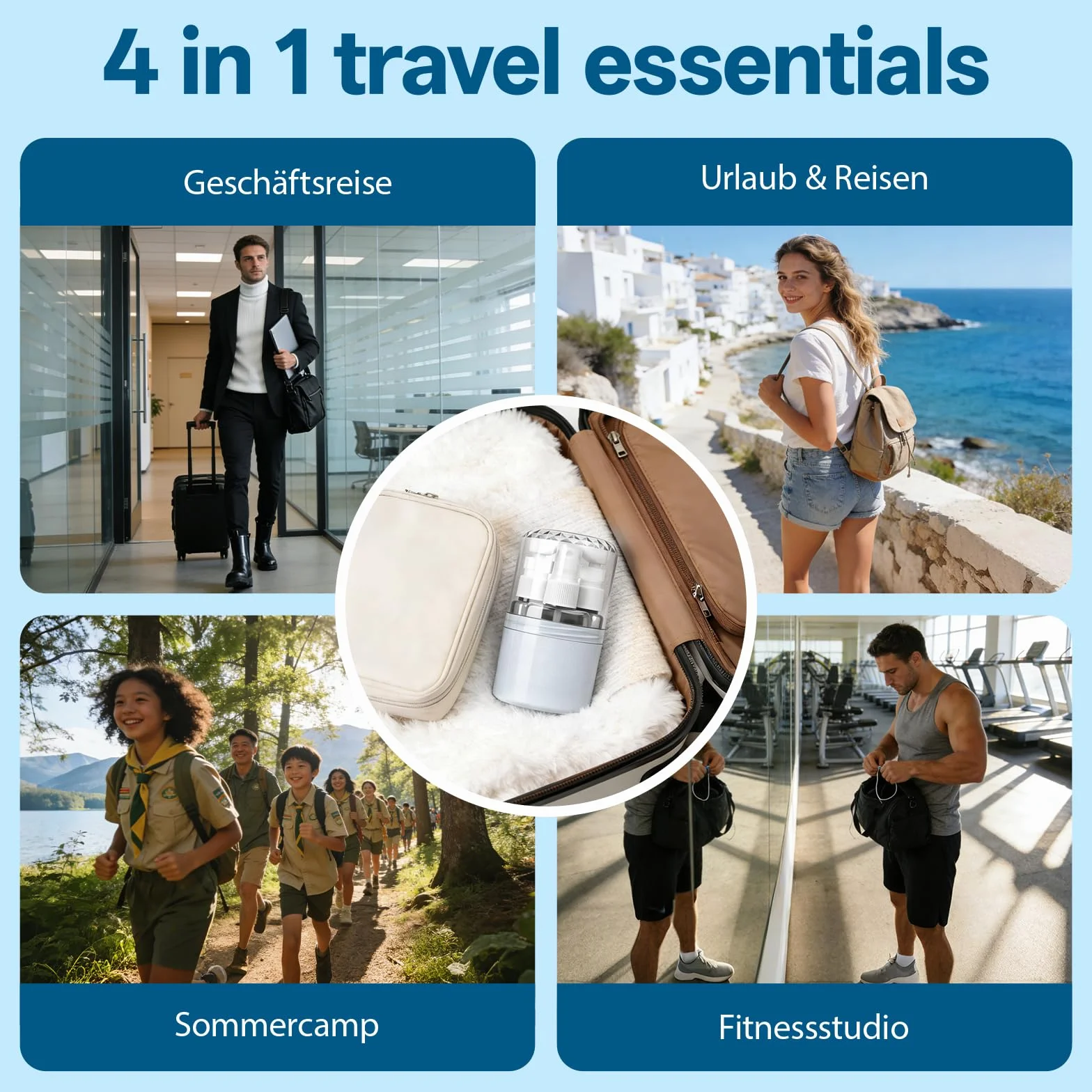 Contenitori Da Viaggio Per Liquidi 4-in-1 Set Riempibile, Accessori Viaggio Aereo Pompa 50ml Etichette Adesive, Regali Utili Per Chi Ama Viaggiare Impermeabile Antifuga Viaggio Ufficio (Blu)