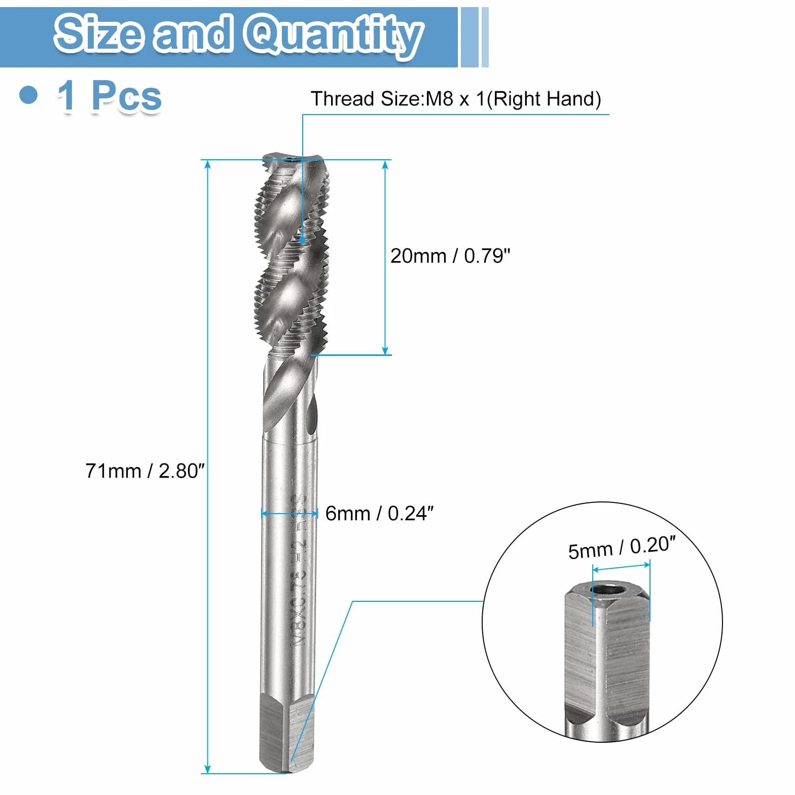 QUARKZMAN Maschio A Spirale M8 x 1 H2 Metrico, Acciaio Rapido M2 (HSS) Utensile Per Filettatura