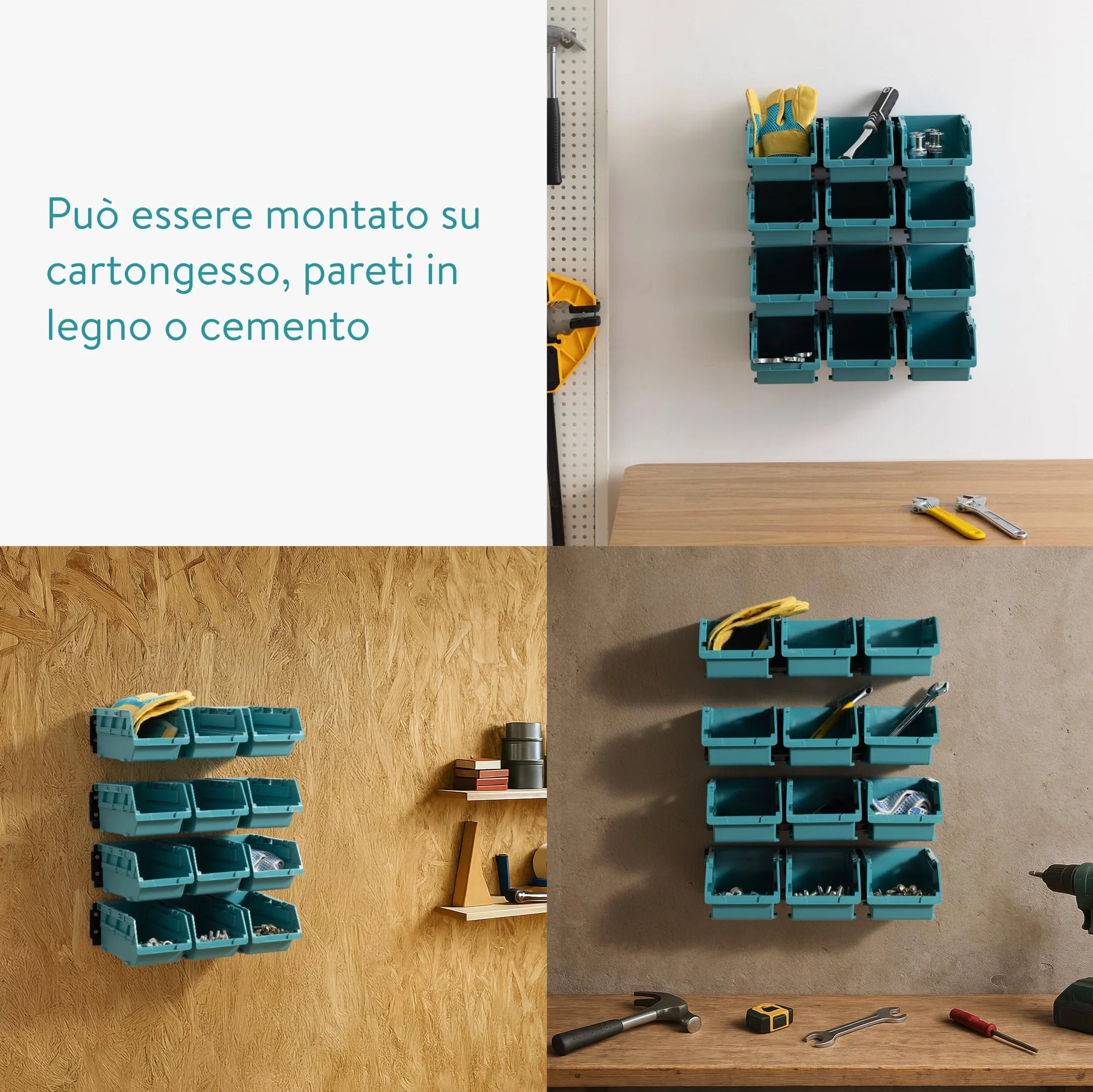 Navaris Contenitori Impilabili e Pannello Porta Attrezzi da Parete - Set di 12 Organizer Portautensili e 4 Binario