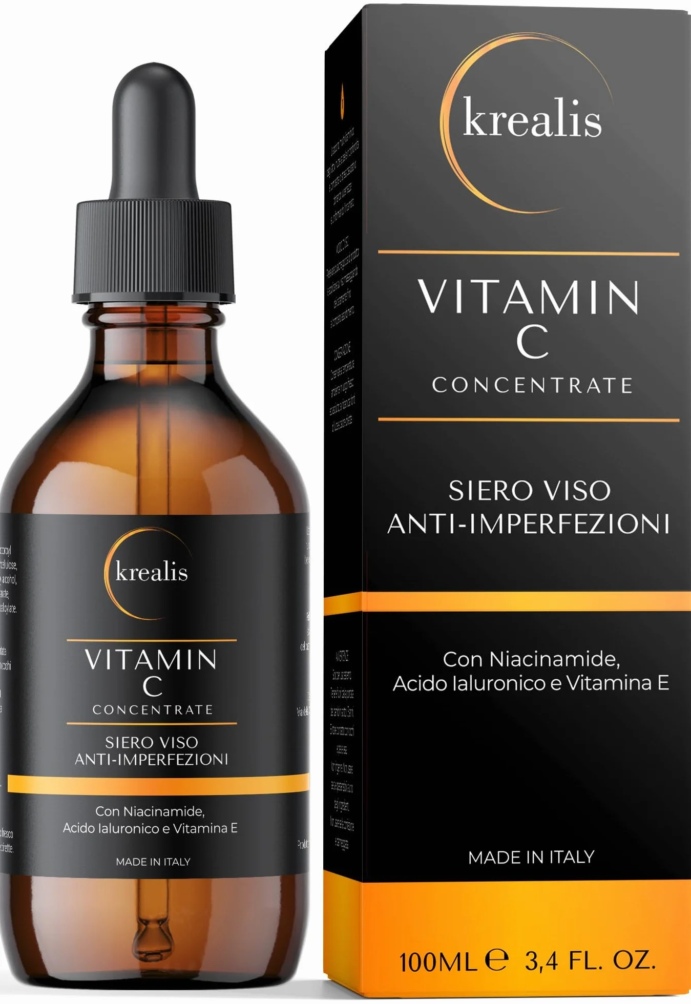 KREALIS •100ml• Siero Vitamina C Viso Acido Ialuronico con Niacinamide, Vitamina E, Aloe Bio, Antimacchia, Anti Imperfezioni, Siero Viso Contorno Occhi Antirughe E Occhiaie
