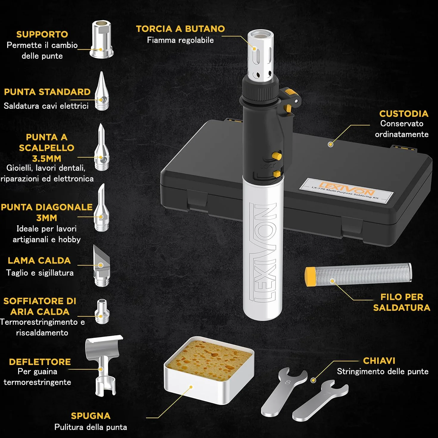 LEXIVON Saldatore a Butano Set di 7 Punte Senza Fili Autoaccensione Fiamma Regolabile Portatile LX-770