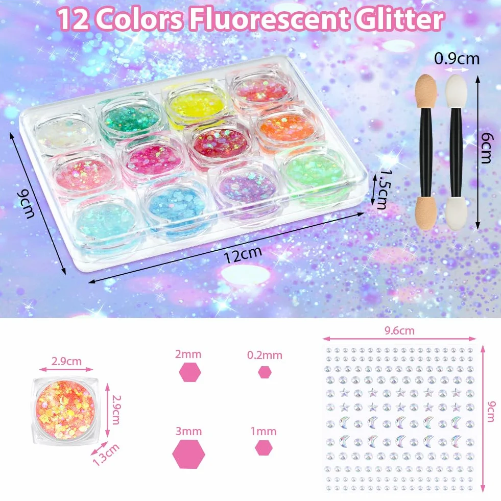 Fluorescente Paillettes, 12 Colori Gel Glitter per Corpo, Fluoreszierendes Glitzer, Brillantini Make Up Gel per Corpo, Labbra, Trucco, Mascherata, Halloween, Natale, Musicali Feste