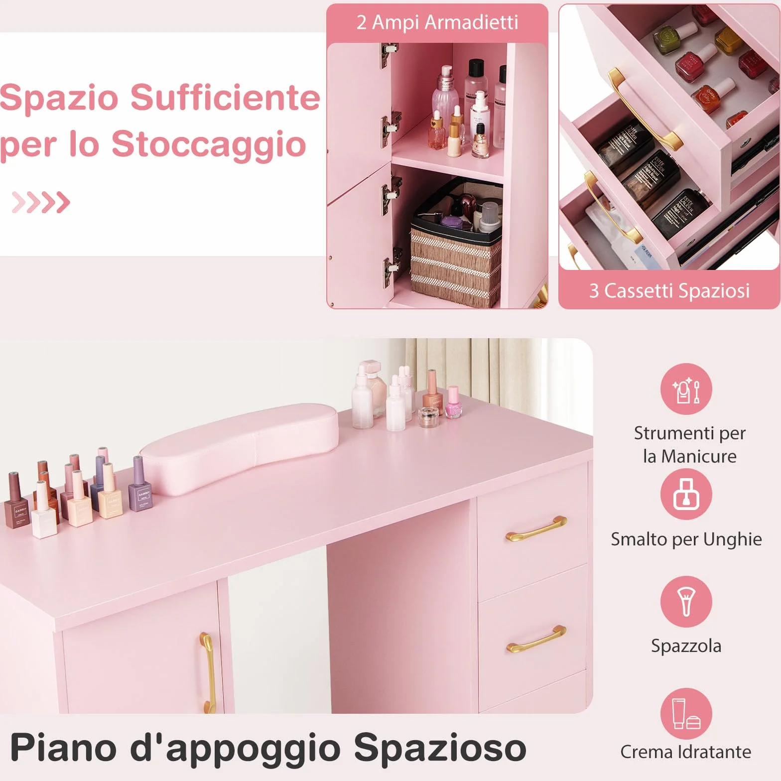 GYMAX Tavolo da Manicure, Stazione Tavolo per Tecnico Unghie, Cuscino per Polso, 8 Gambe in Metallo, 3 Cassetti e 2 Armadi, Stazione di Lavoro in Legno per Arte Unghie per Salone di Bellezza (Rosa)