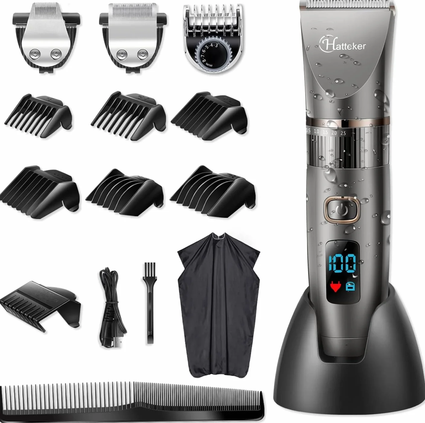 Hatteker Tagliacapelli Uomo Tagliatrice Professionale Capelli Taglierina Barbiere Barba Elettrica Trimmer e Precisione Impermeabile