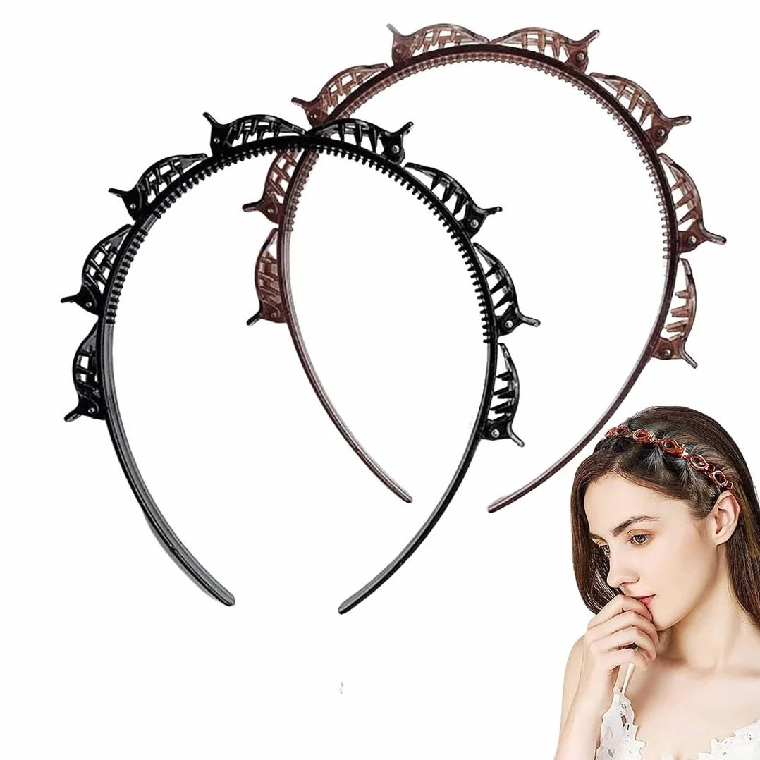 2 Pcs Cerchietti Per Capelli Con Fermagli Cerchietto A Forcina Fermagli Per Capelli Intrecciati Doppia Frangia Forcine Per Acconciatura(Nero,Marrone Scuro)