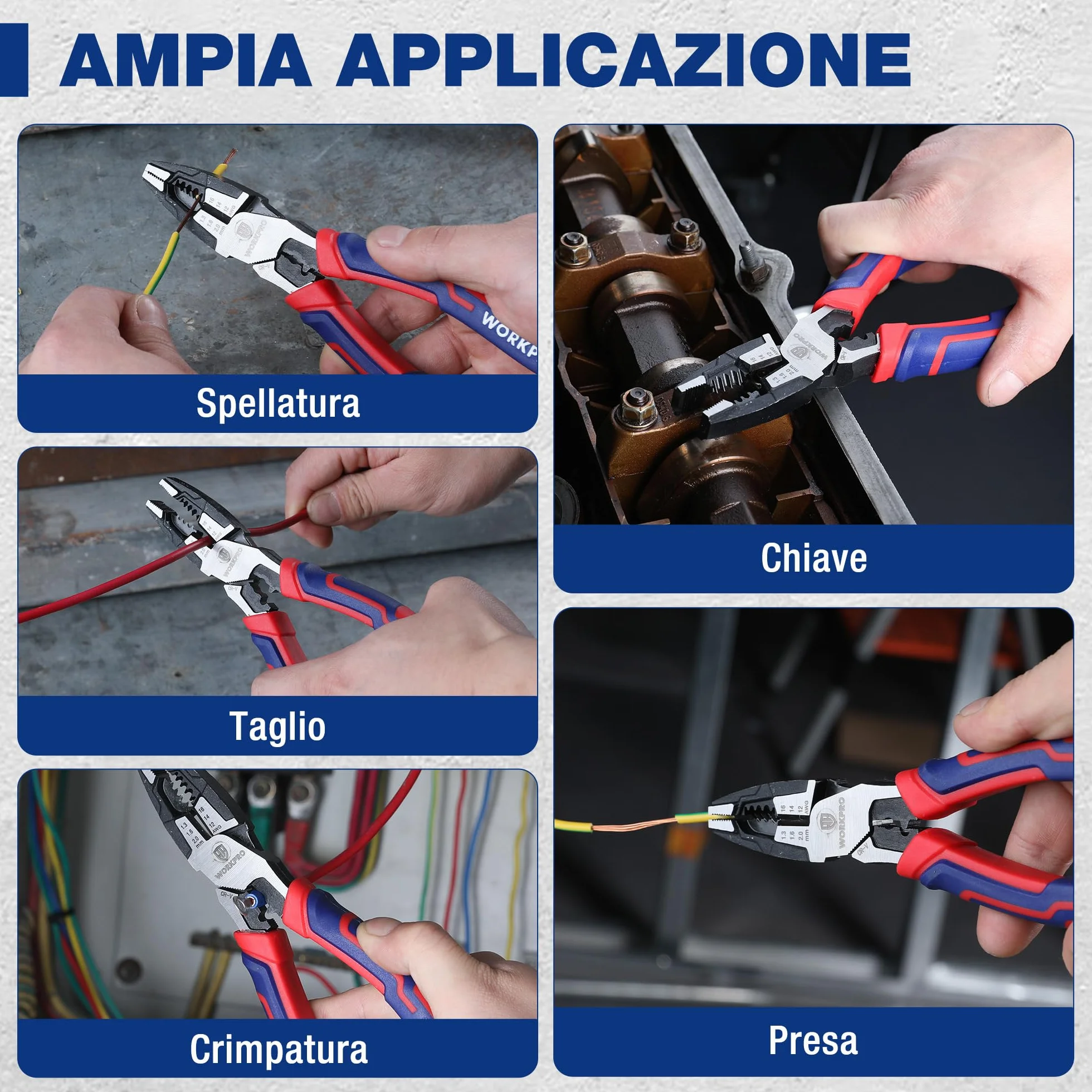 WORKPRO Pinza Combinata 5 in 1 209mm 16-12 AWG (1,3-2,0mm) Cr-V per Elettricisti