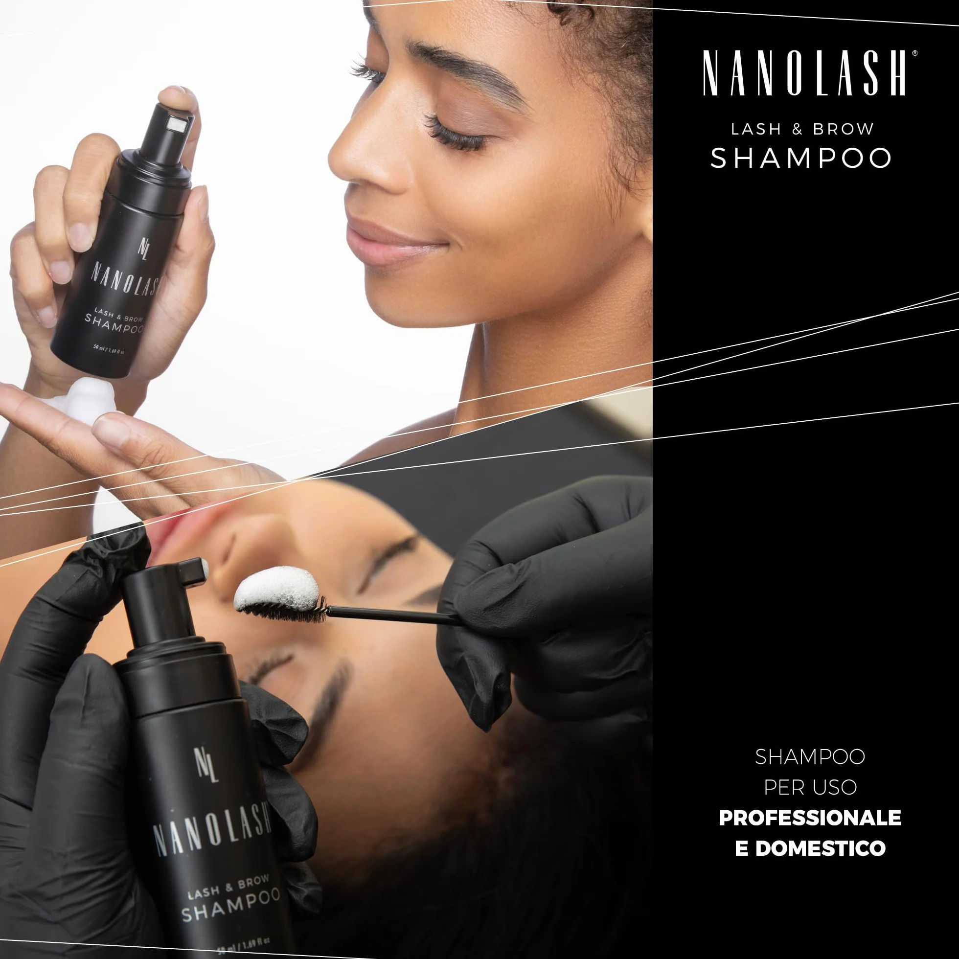 Shampoo per ciglia e sopracciglia Nanolash 50 ml - shampoo detergente per ciglia e sopracciglia, schiuma lavante ciglia e sopracciglia, shampoo extension ciglia