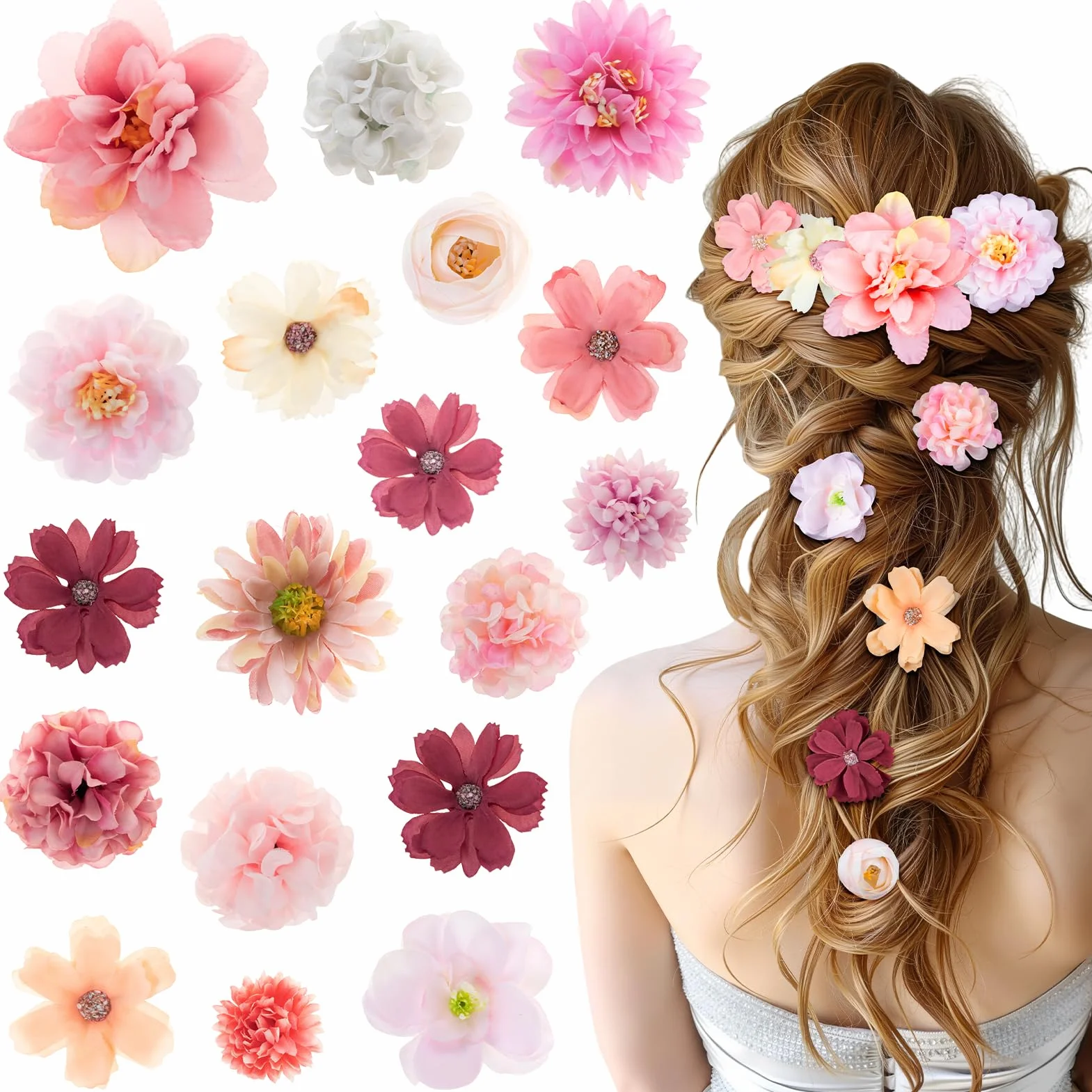 Kiiwah 18 Pezzi Mollette Fiori per Capelli per Donne e Ragazze, Fermaglio Fiore Seta Mollette Fiori Artificiali per Capelli Fiore Boho per Sposa Festa Spiaggia Nozze Estate