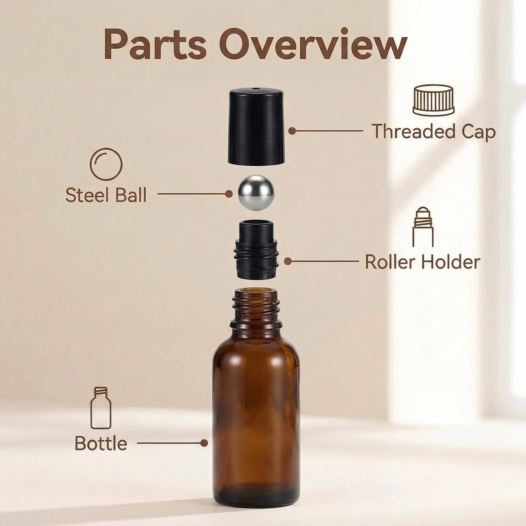 3 flaconcini vuoti di alta qualità da 50 ml in vetro, ricaricabili, con roll-on, per oli essenziali, profumi, essenze, con sfera in acciaio inox e coperchio nero