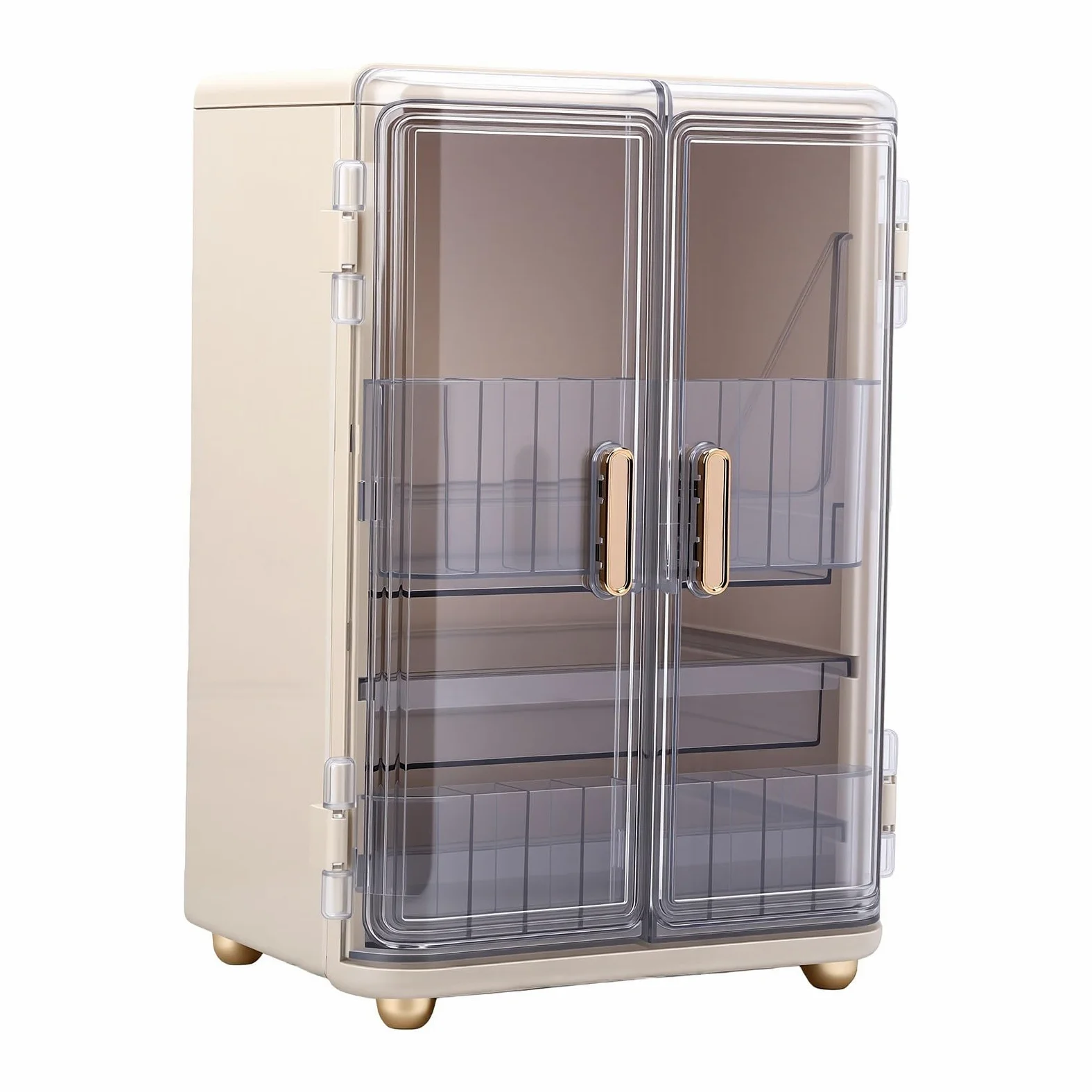 Organizer per Trucchi a 3 Livelli con ante - Scatola per Cosmetici di Grande capacità per Cura della Pelle, Rossetti e Gioielli, Organizer da Trucco Trasparente da Appoggio con Cassetti per