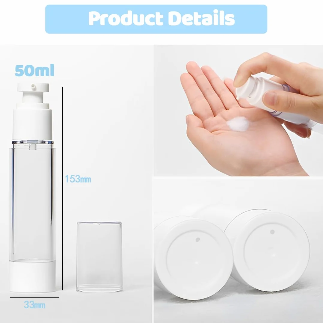 4 Pezzi 50ml Flaconi a Pompa Airless, Flaconi da Viaggio Trasparente, Airless Contenitore Crema Pump, Dispenser per Crema, Dispenser Cosmetico da Riempire, per Lozione, Fondotinta