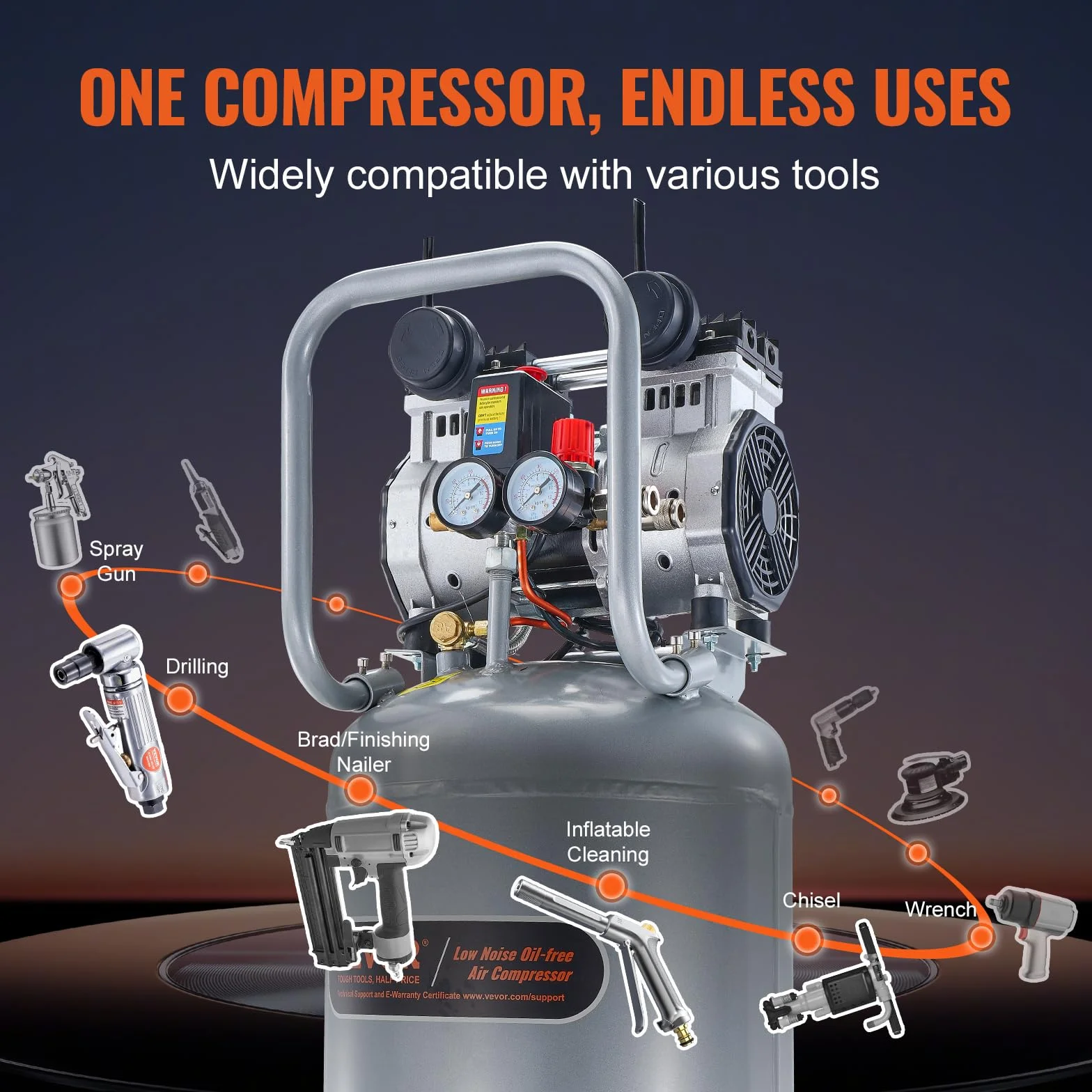 VEVOR Compressore d'Aria Senza Olio 13 Galloni 49 L Serbatoio 2 CV