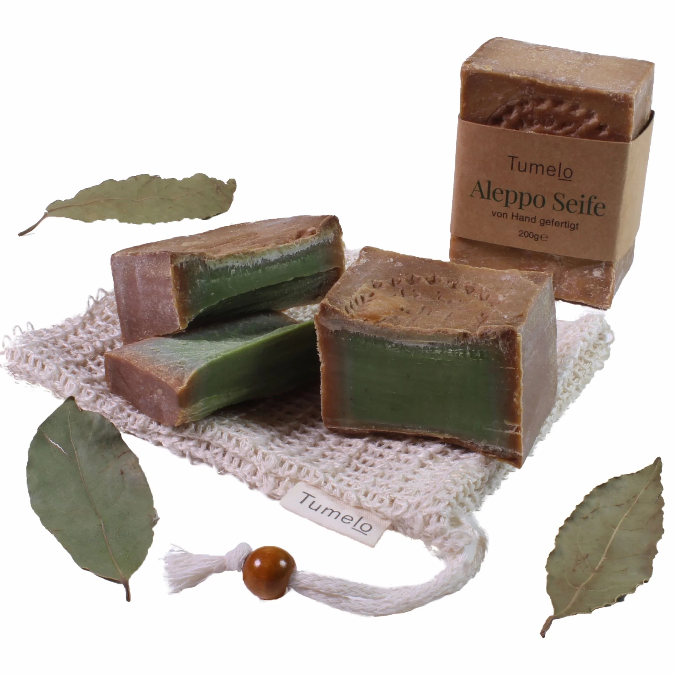 TUMELO Sapone di Aleppo Originale 4 x 200g (800g) 60% Olio d'Oliva 40% Olio di Alloro + Sacchetto di sapone - Sapone all'Olio d'Oliva fatto a mano - Sapone naturale - Sapone solido per capelli