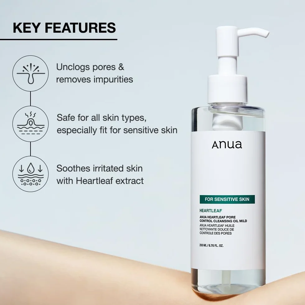 ANUA Heartleaf Pore Cleansing Oil, Detergente Delicato Per Il Viso, Per Pelli Sensibili, Detergente Oleoso Per Il Viso, Struccante Per Punti Neri, 200 Ml/6,76 Fl Oz