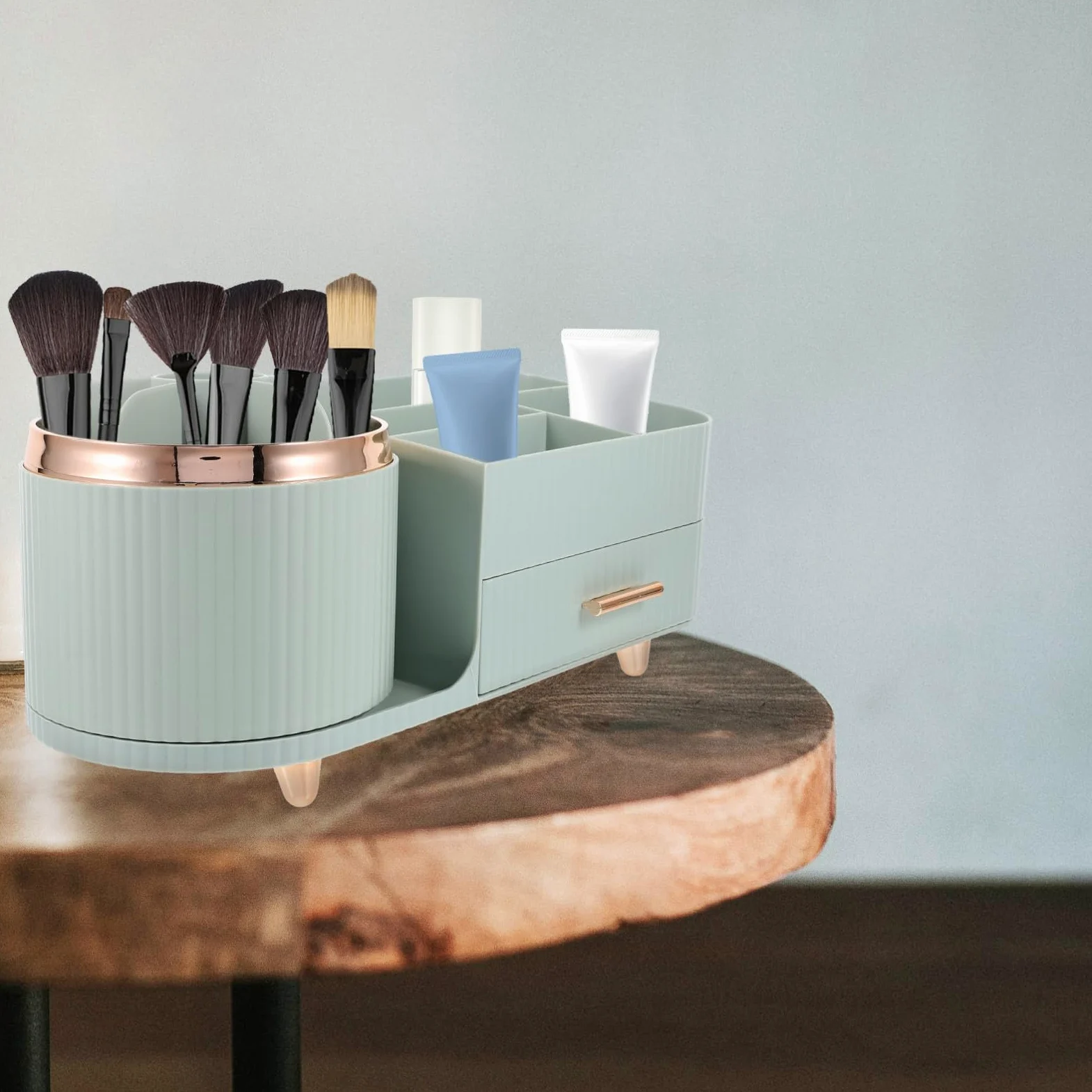 Organizzatore Make Up Rotante Cassetto, Blu, Plastico | Ampia Capacità Scomparti, Design Girevole, Ordine Pratico per Pennelli e Accessori da Tavolo