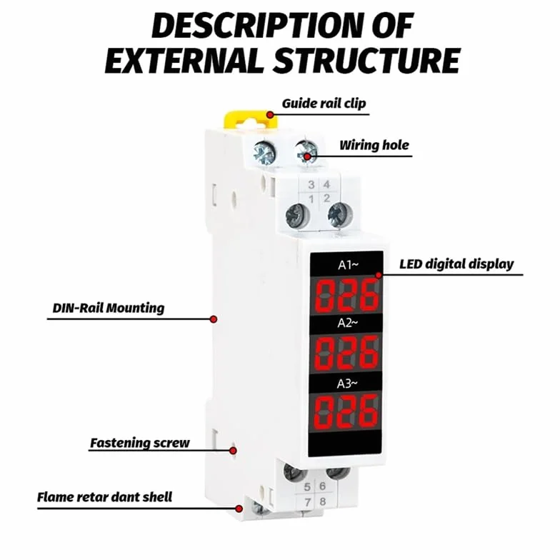 Amperometro Trifase con Montaggio su Guida DIN, Display Digitale LED, ABS
