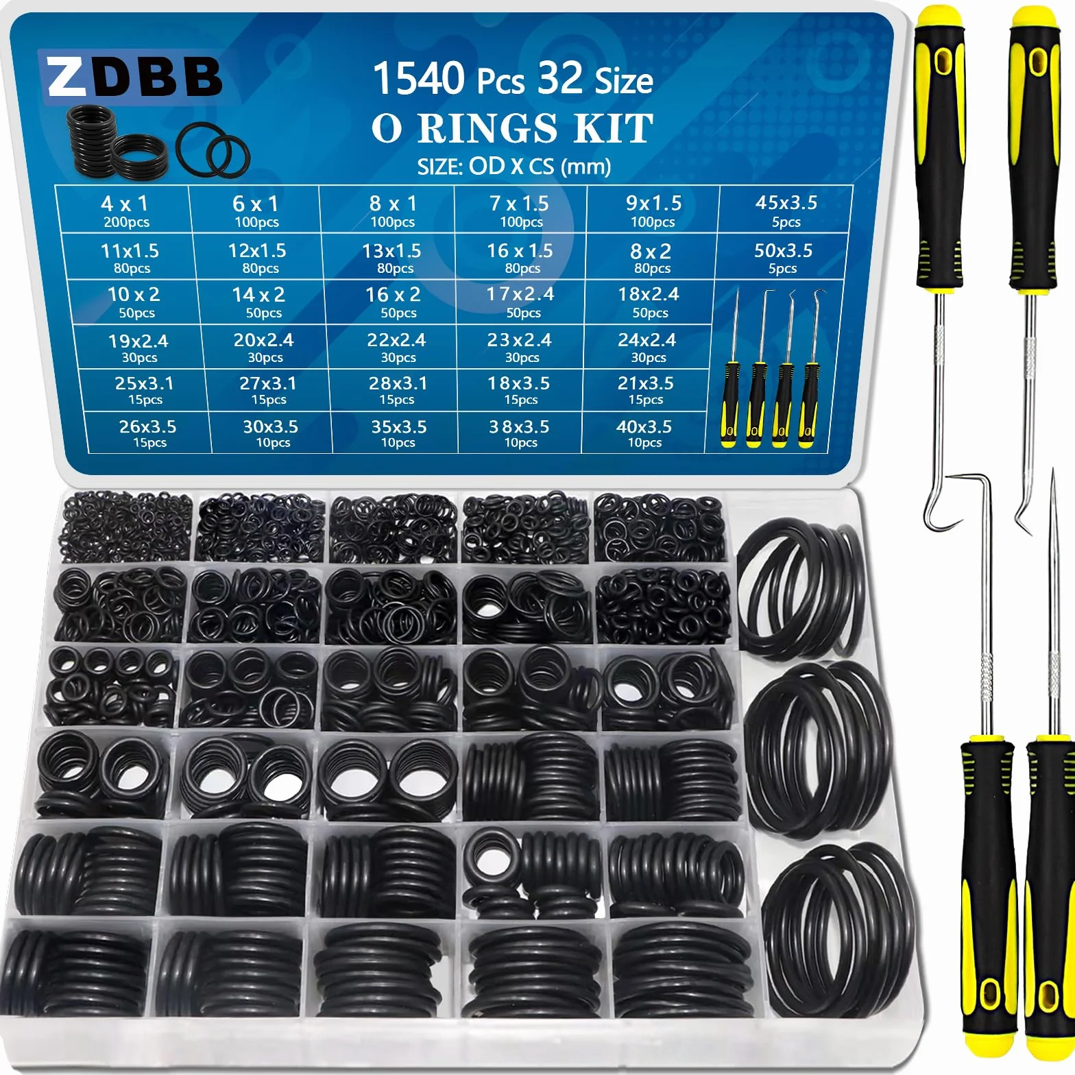 ZDBB O Ring Assortment Kit 1540 Pezzi Gomma Nitrilica Set con Pick per Rubinetto OD 4mm-50mm