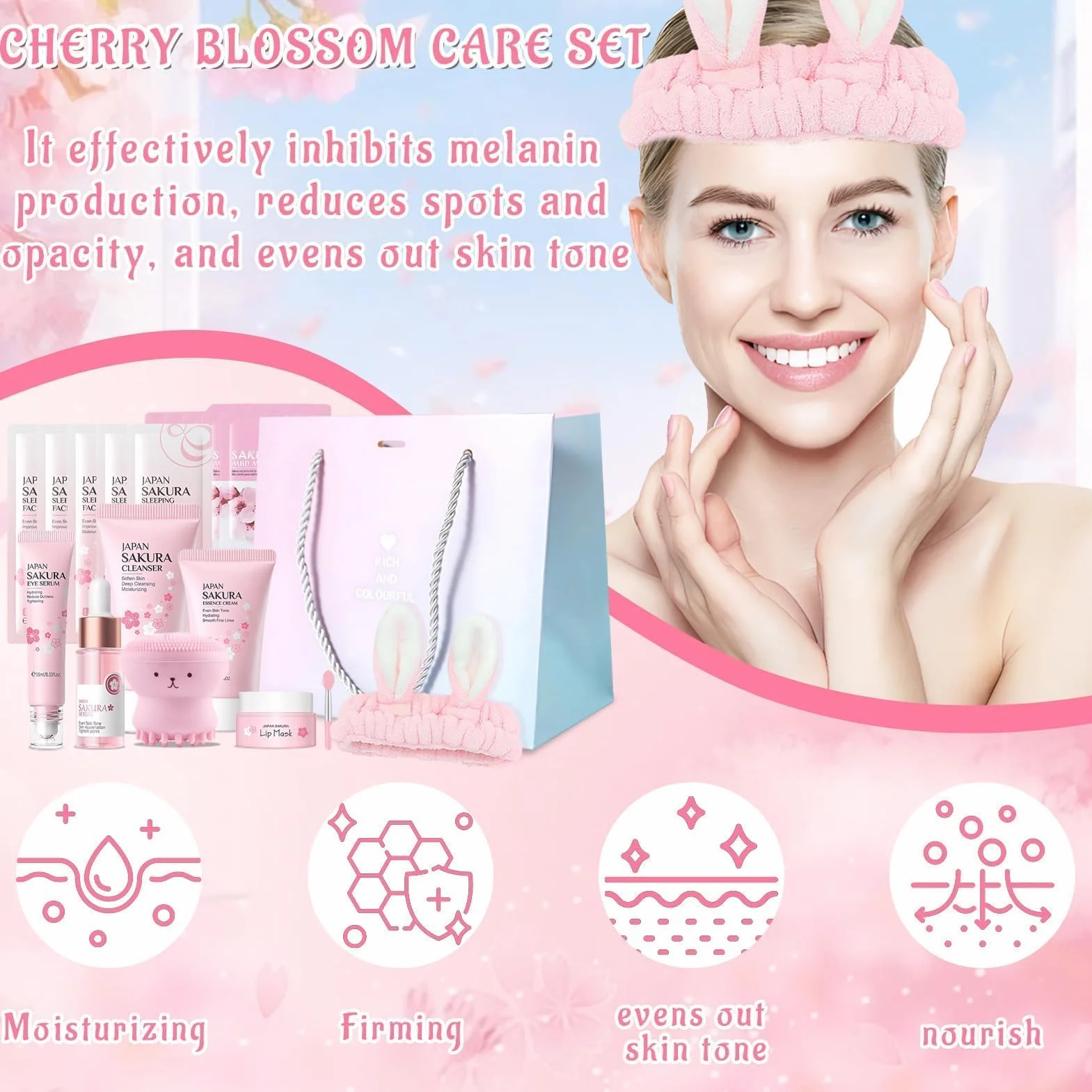 Kit per la Cura della Pelle Sakura 18 Pezzi,Include Detergente,Crema, Siero,Siero per gli occhi,Maschera di fango,Maschera per dormire, Accessori,Set Skincare Viso Completo per Ragazze e Donne