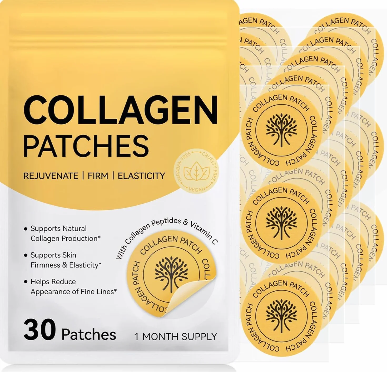 Cerotti al collagene | Patch Kinde - 30 pezzi | Supporto rassodante e anti-invecchiamento con peptidi di collagene e vitamina C | Vegano, cruelty-Free | Idratante e aumenta la luminosità (1 confezione