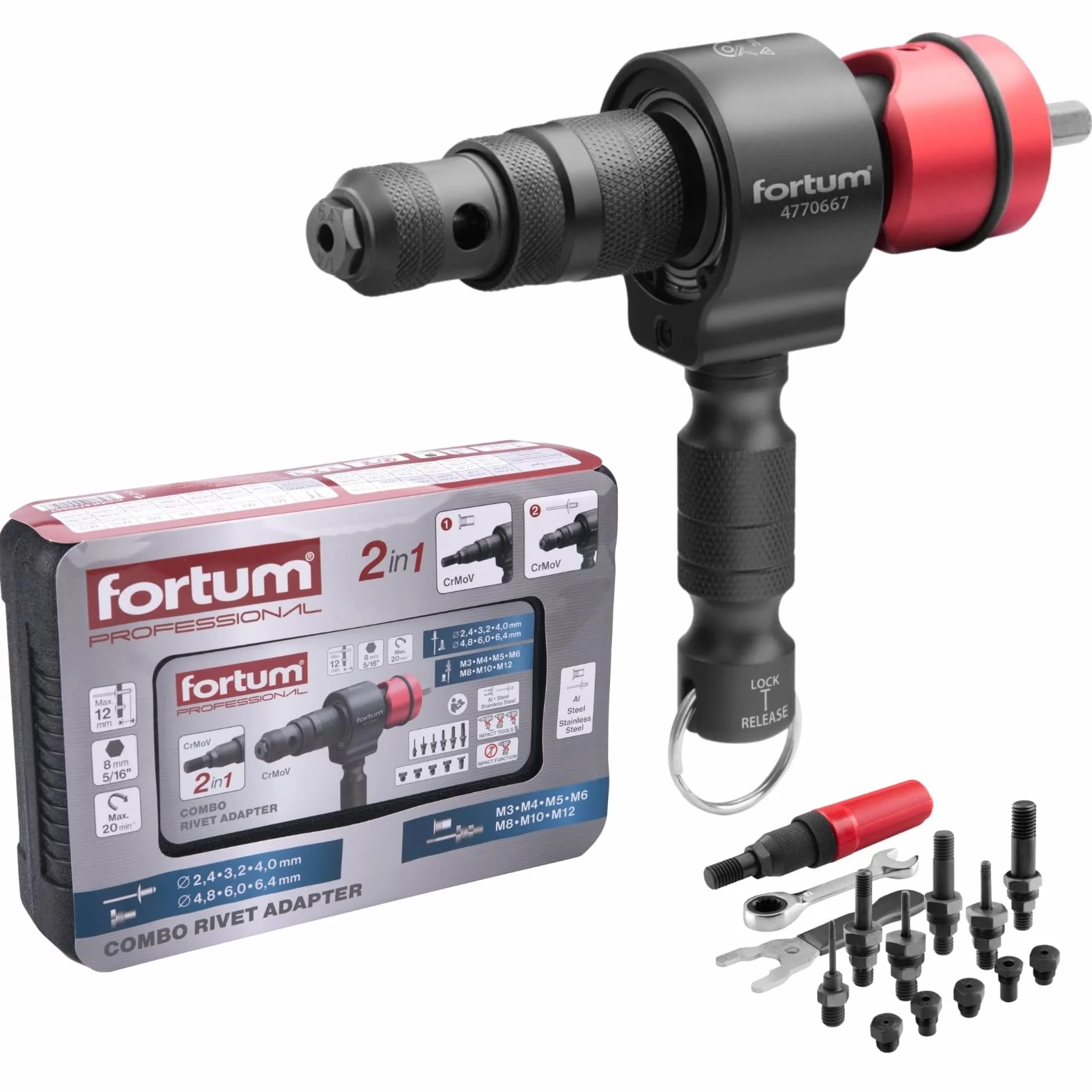Rivettatrice 2-in-1 per avvitatrice a batteria e trapano - Rivetti ciechi 2,4-6,4mm inserti M3-M12 alluminio acciaio inox