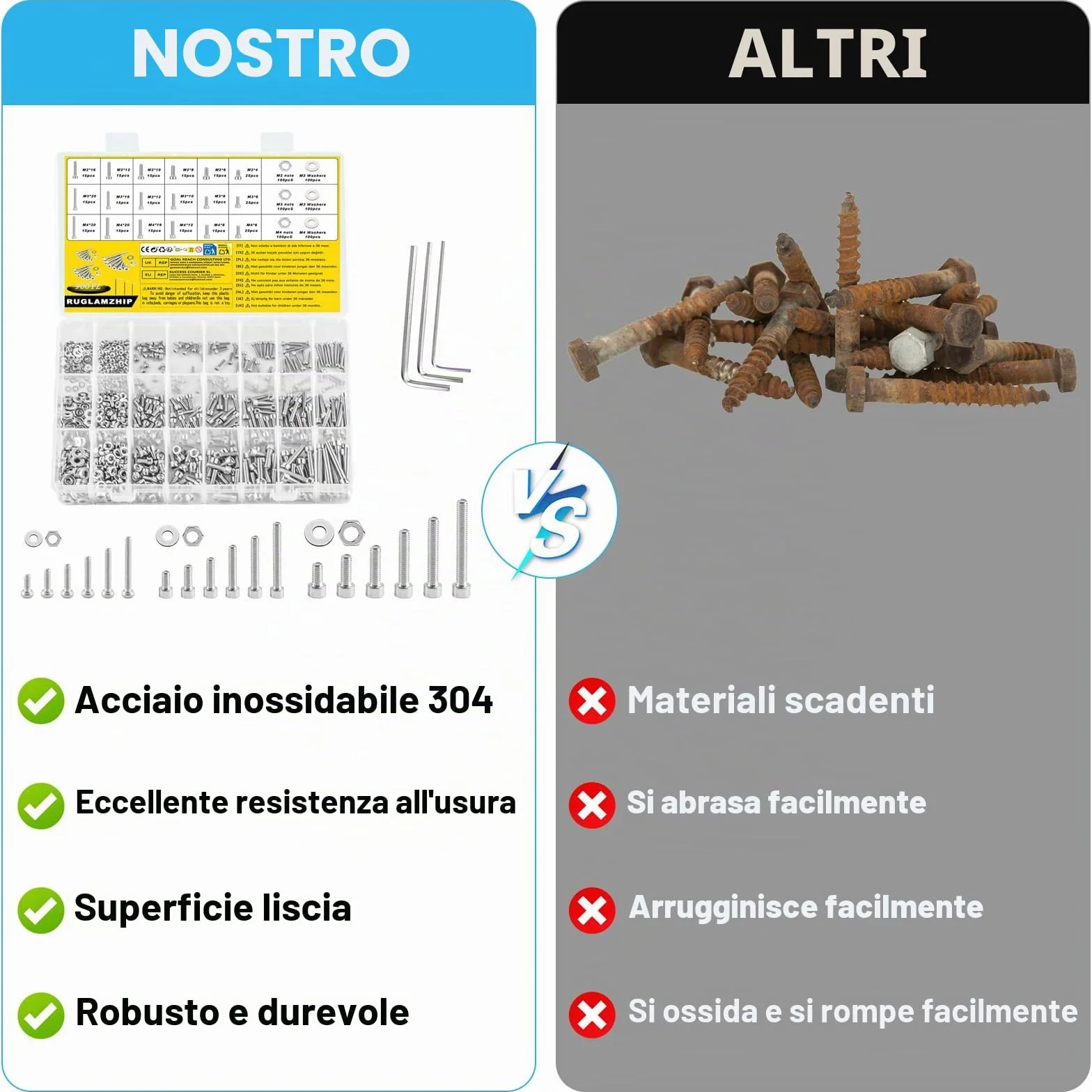 Set di Viti M2 M3 M4 Brugola, Bulloni Esagono Incassato e Dadi Rondelle Acciaio Inox 900 Pezzi