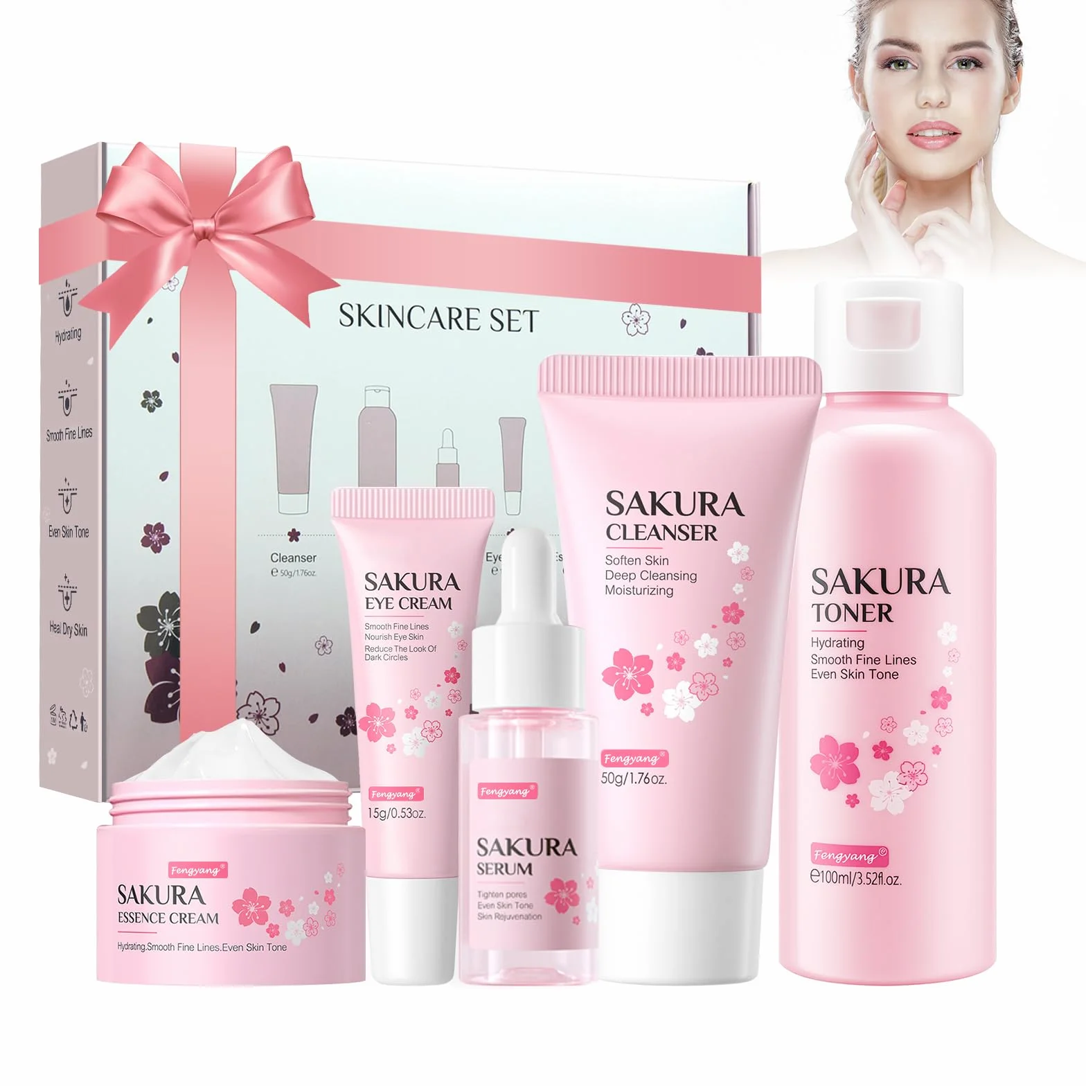 Fengyang ®Set per la Cura Della Pelle Sakura,Cura Della Pelle Viso,5pcs Set Regalo per la Cura Della Pelle,Con Detergente,Toner,Crema Occhi,Siero,Crema,Regalo per Adolescenti Ragazze Signora(5Pcs)