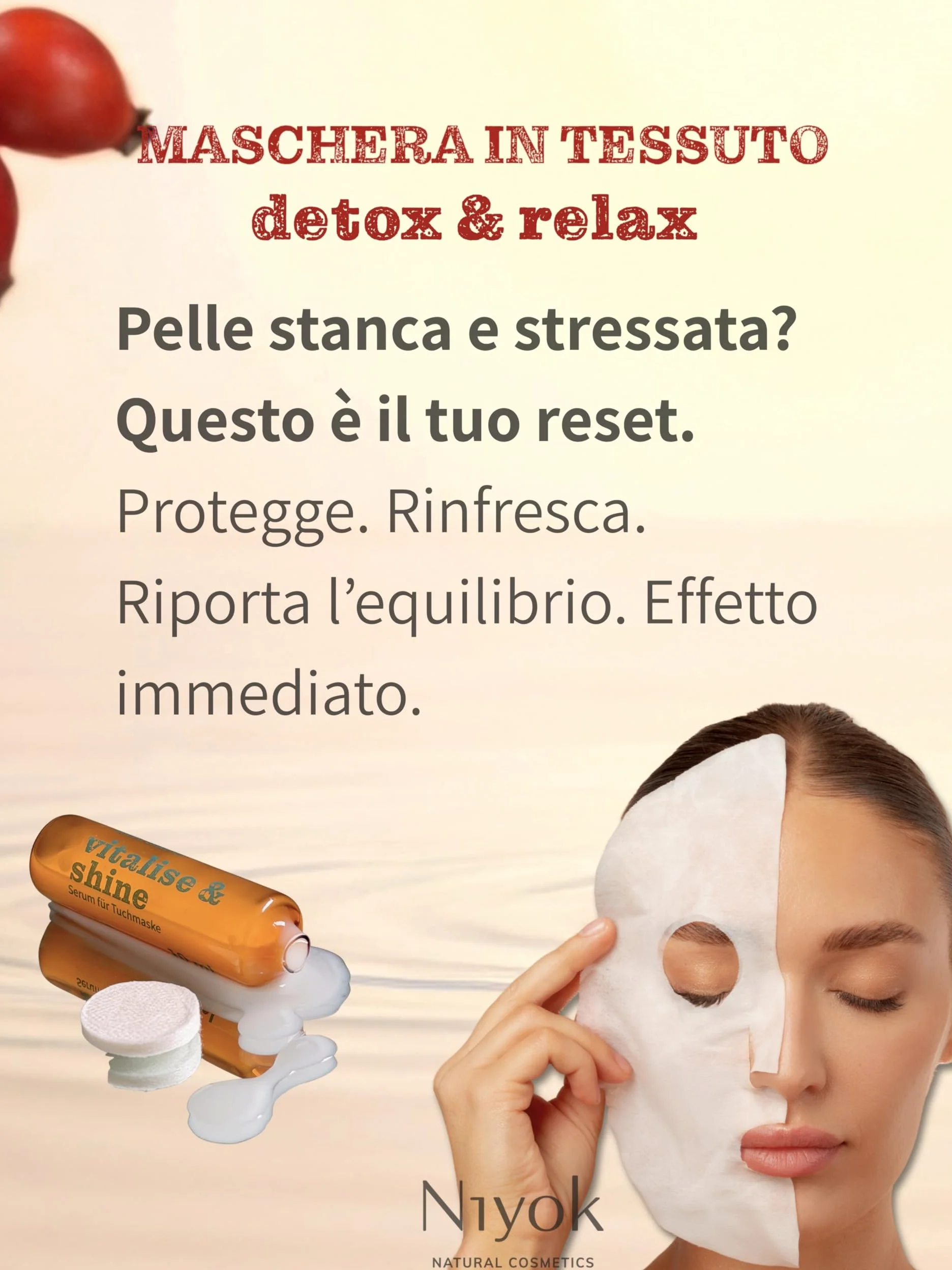 Niyok Maschera in tessuto protettiva – Maschera antiossidante con vitamina C « Detox & Relax » | Maschera viso in fibra vegetale compostabile | Vegan | COSMOS NATURAL | Made in Germany