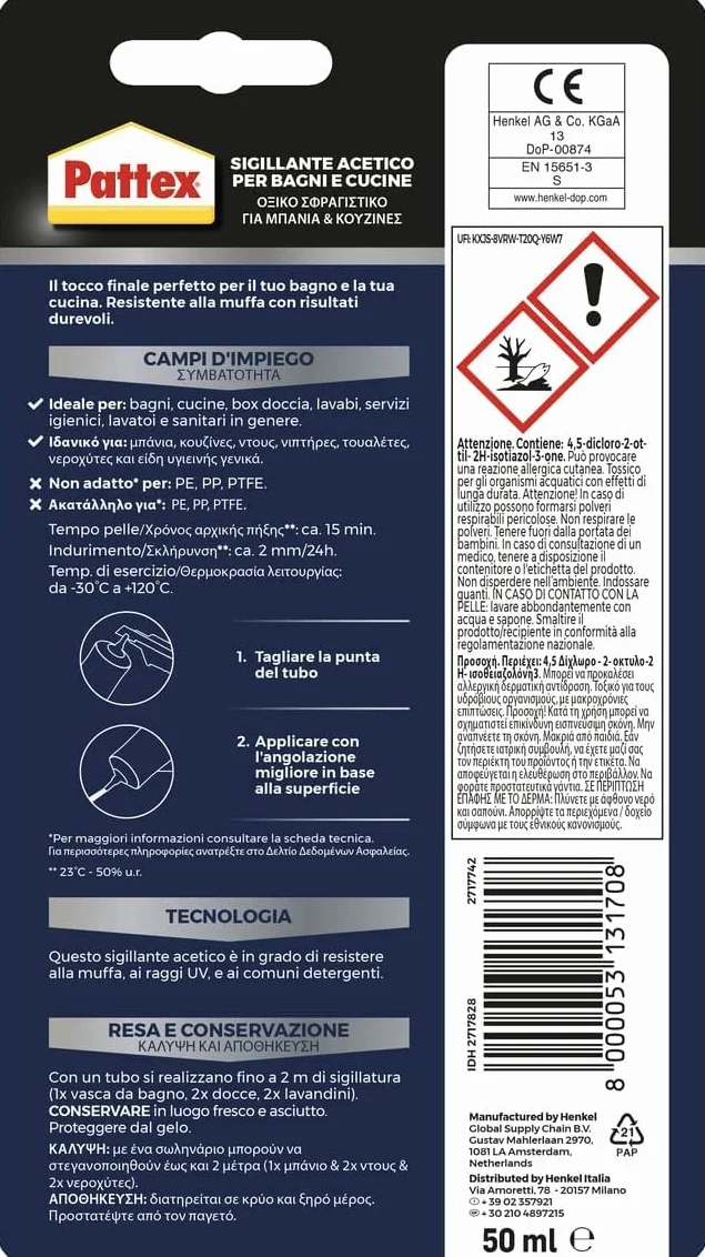 Pattex Original Silicone Bianco Sigillante Bagno Cucina Resistente alla Muffa Impermeabile 50 ml