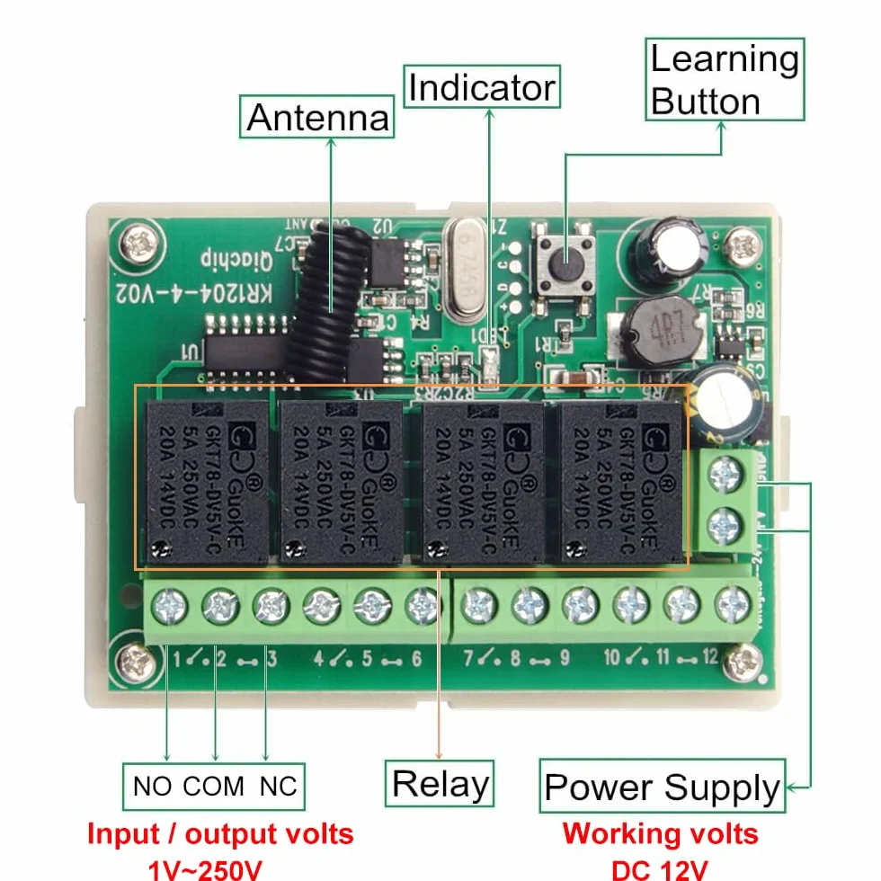 QIACHIP Bezprzewodowy zdalny przełącznik sterowania DC 12V 24V 4CH 10A 433MHz 4-kanałowy odbiornik przekaźnika z 2 nadajnikami RF