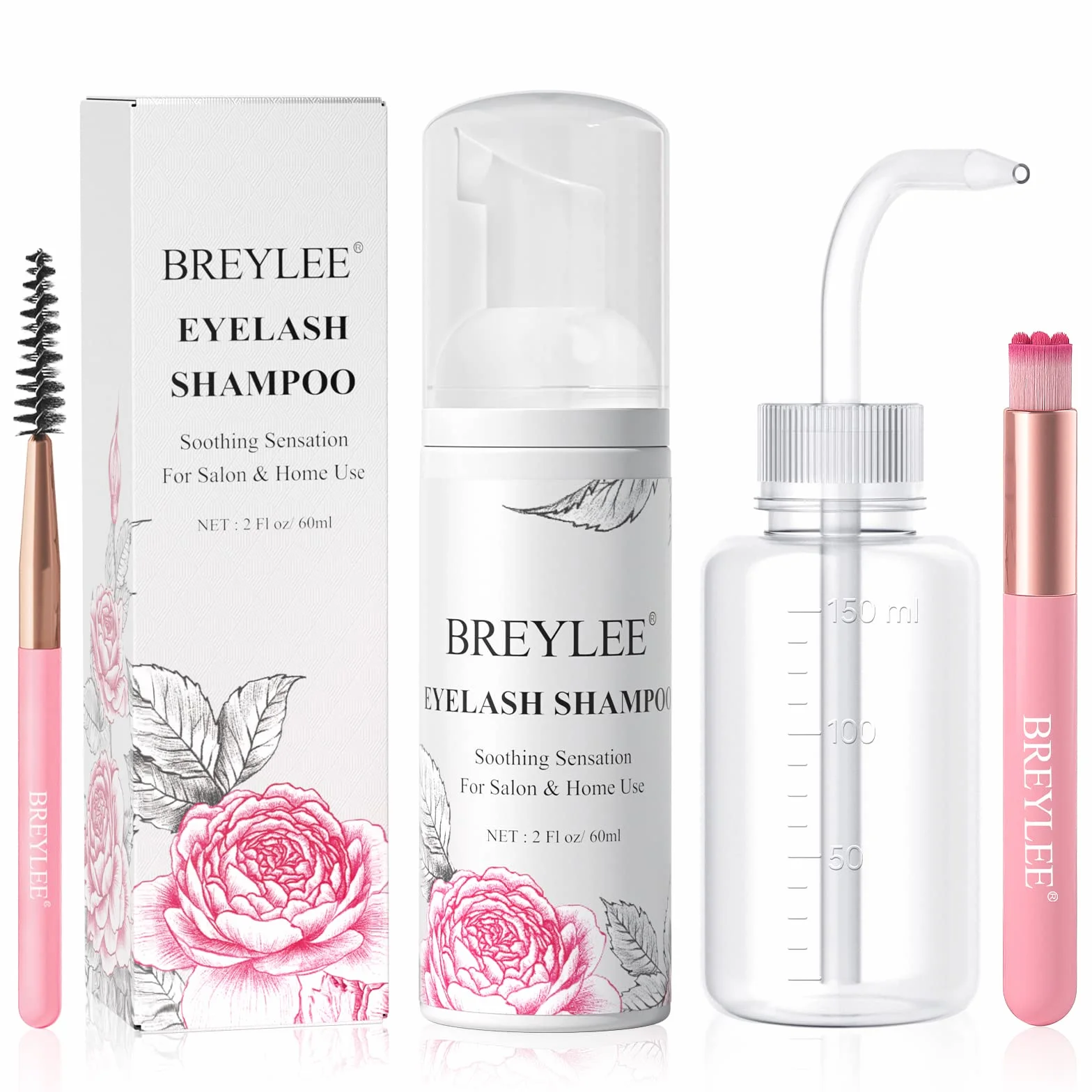 Shampoo Estensione Ciglia 60 ml + Bottiglia Risciacquo + Pennello + Mascara Parete Palpebra BREYLEE Lash, Senza Paraben e Solfati, Schiuma Detergente Trucco