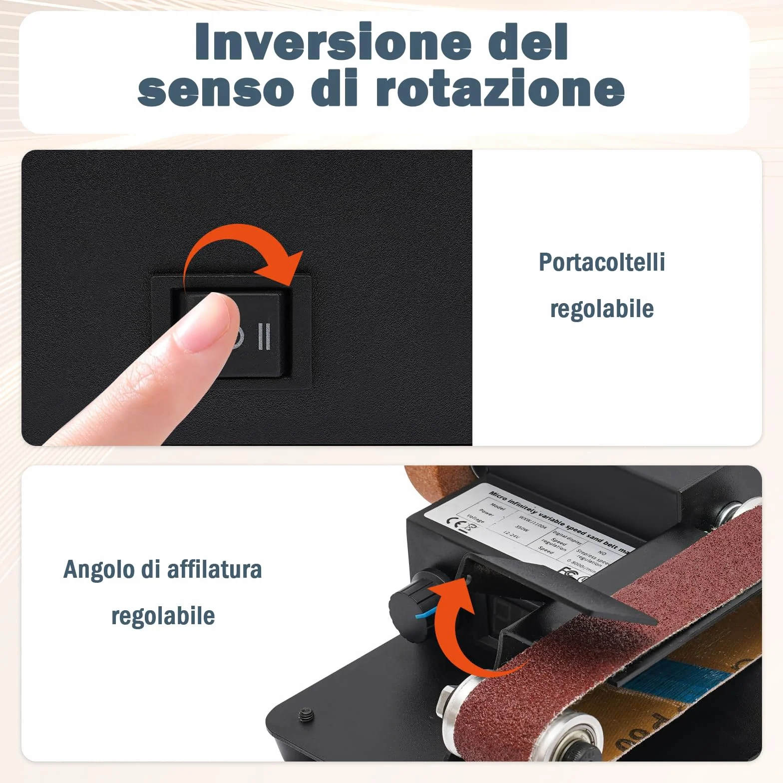 Mini levigatrice a nastro elettrica 350 W 0-10000 giri/min professionale da tavolo 7 livelli con nastri abrasivi