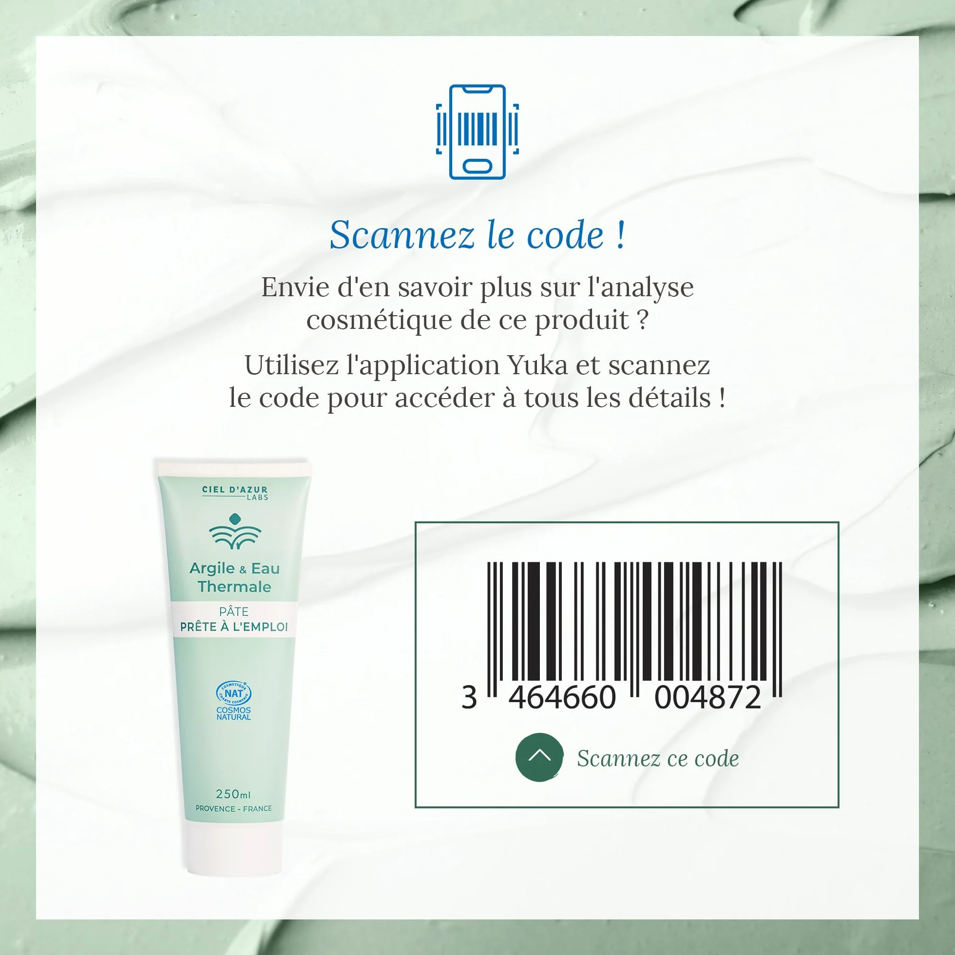 Ciel d'Azur Labs - Pasta di argilla verde con acqua termale - Pronta all'uso, ideale per cataplasma - Ricca di sali minerali e oligoelementi - Certificato naturale Cosmos Natural - Tubo 250 ml