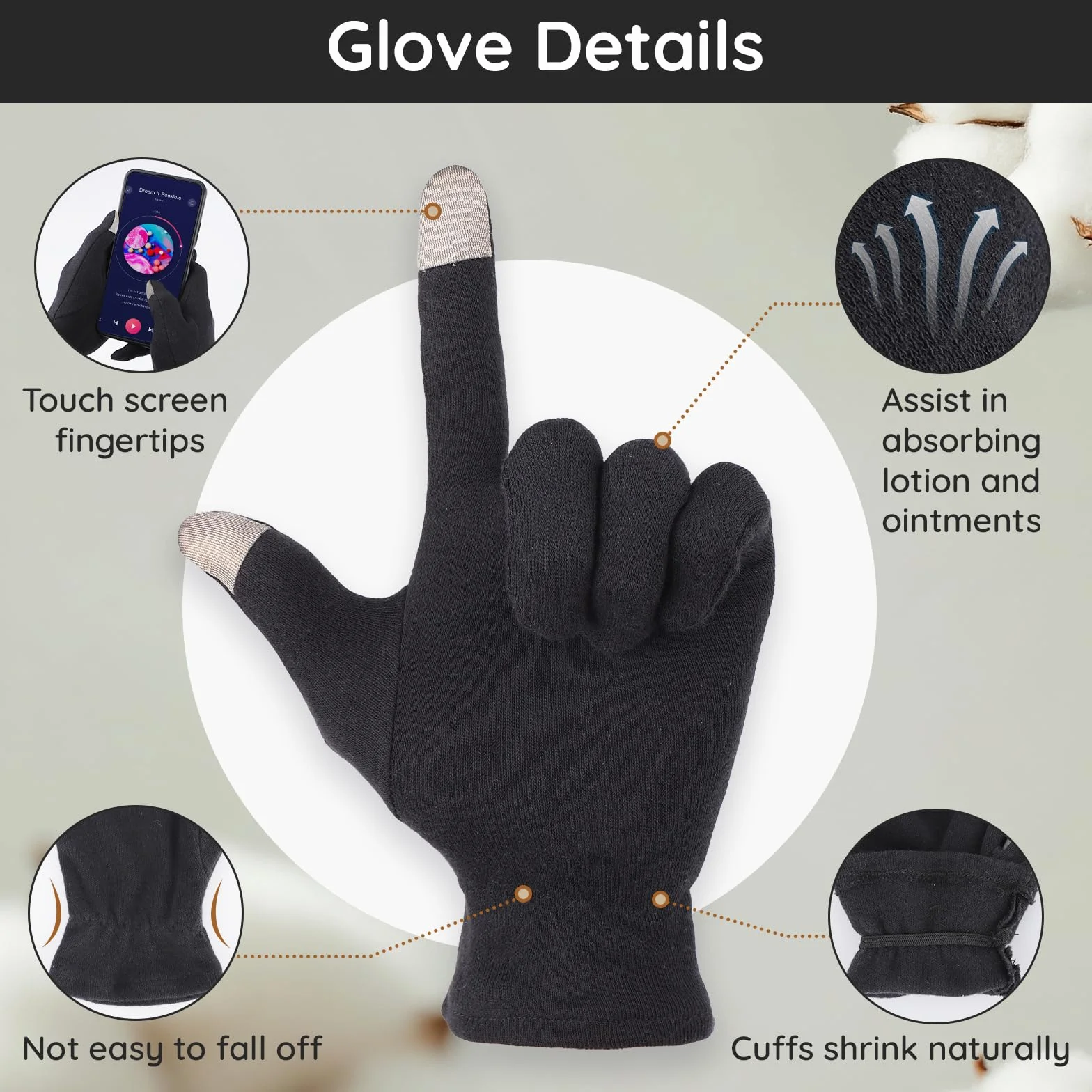 Segbeauty Guanti Cotone Nero, 6 Paia Guanti di Cotone per Dermatiti, con Dita Touchscreen, Morbido e Traspiranti, per Idratare Mani Secche, Ispezione Gioielli, Eczemi (L)
