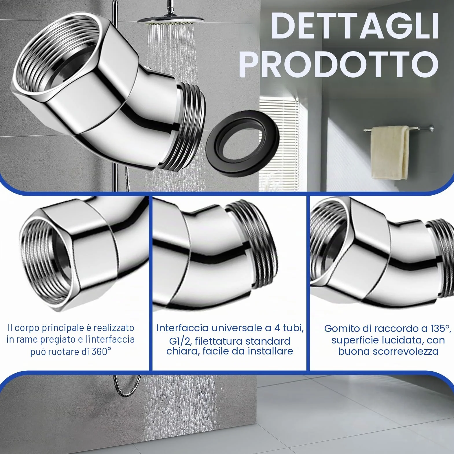 Adattatore Doccia 135° Connettore Angolare per Soffione in Rame con Guarnizione