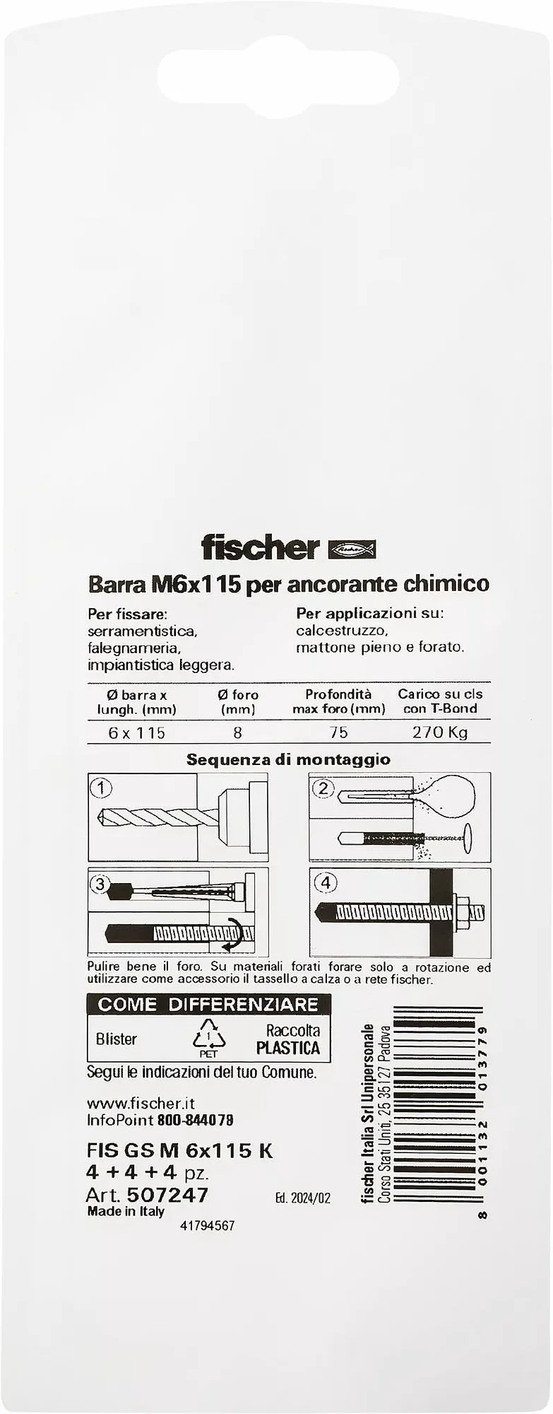 Fischer Barre Filettate M6 x 110 con Dado e Rondella FIS GS per Ancorante Chimico, 4 Pezzi