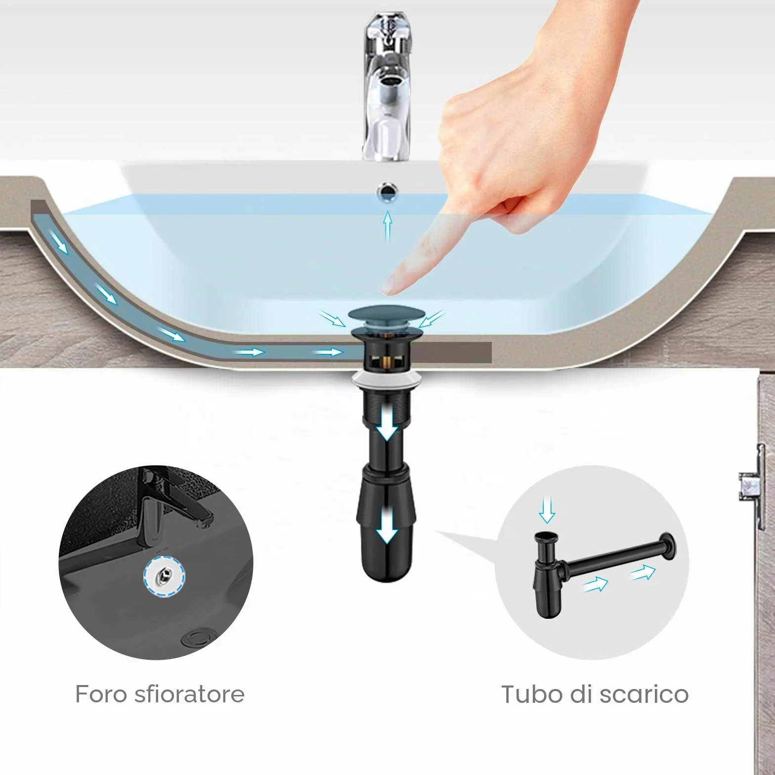 Ibergrif M20502B Tappo di scarico per bagno a scomparsa con troppopieno zincato nero coperchio grande Taglia M