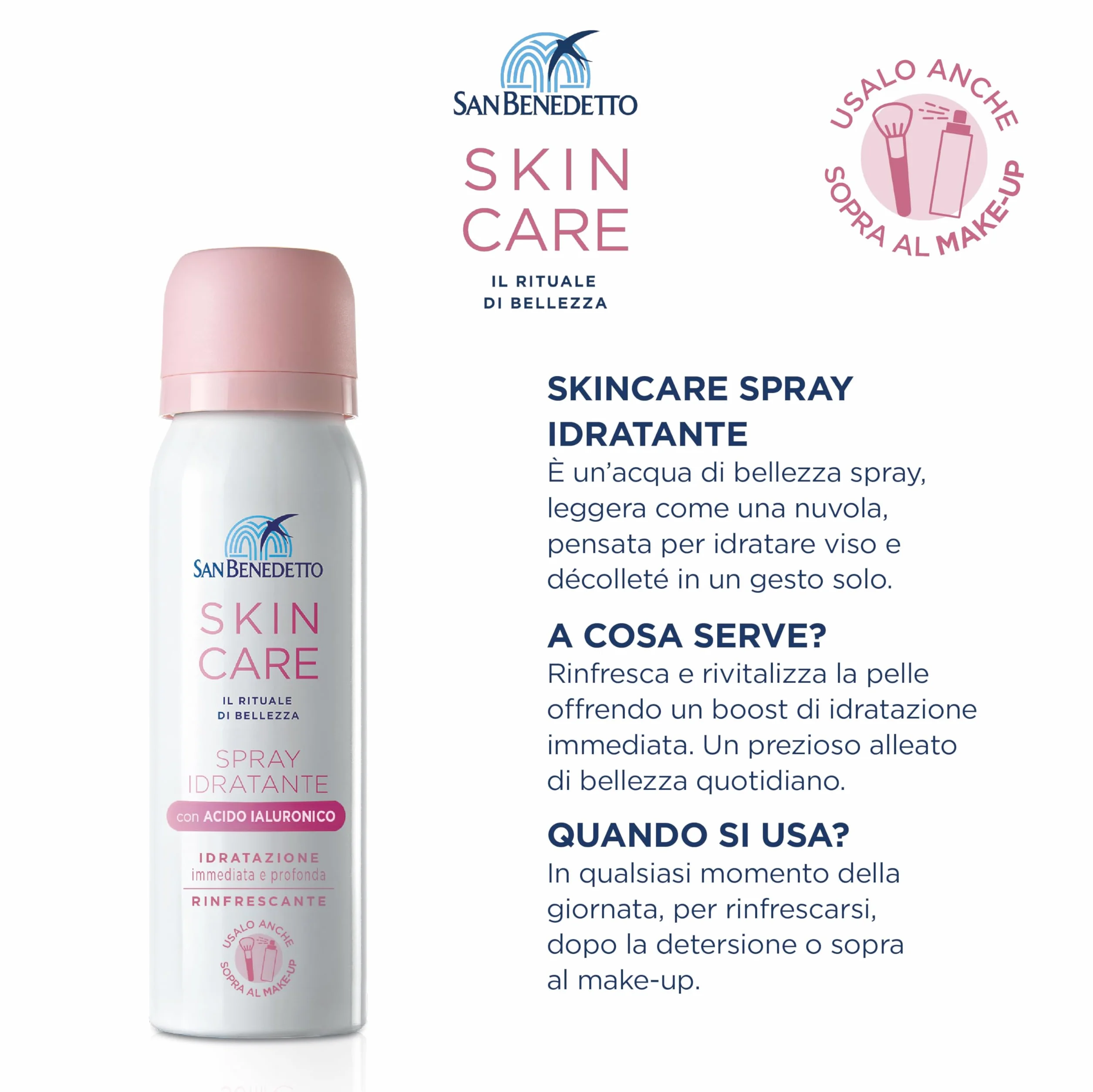 San Benedetto SKIN CARE MIST, Spray Idratante Viso con Acido Ialuronico 50ml, Effetto Nuvola Ideale Sopra il Make-up e in Viaggio, 97% Ingredienti Origine Naturale, Testato per Pelli Sensibili