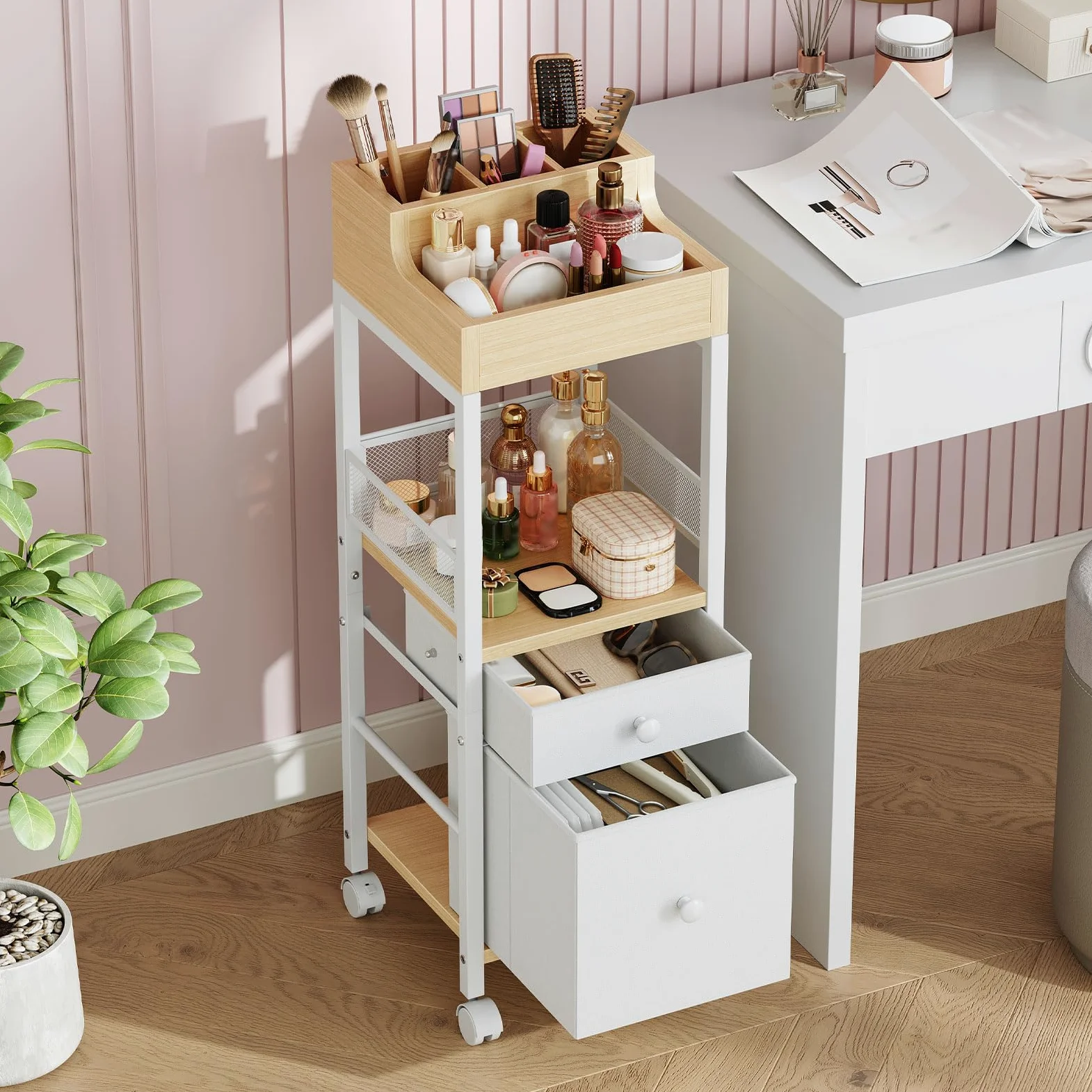 HOOBRO Carrello Portaoggetti per Trucchi con 2 Cassetti in Tessuto, Carrello Porta Trucchi da Bagno con Ruote, Carrellino per Cosmetici e Skincare, Espositore Trucco Bianco e Legno Naturale EWN19TC04