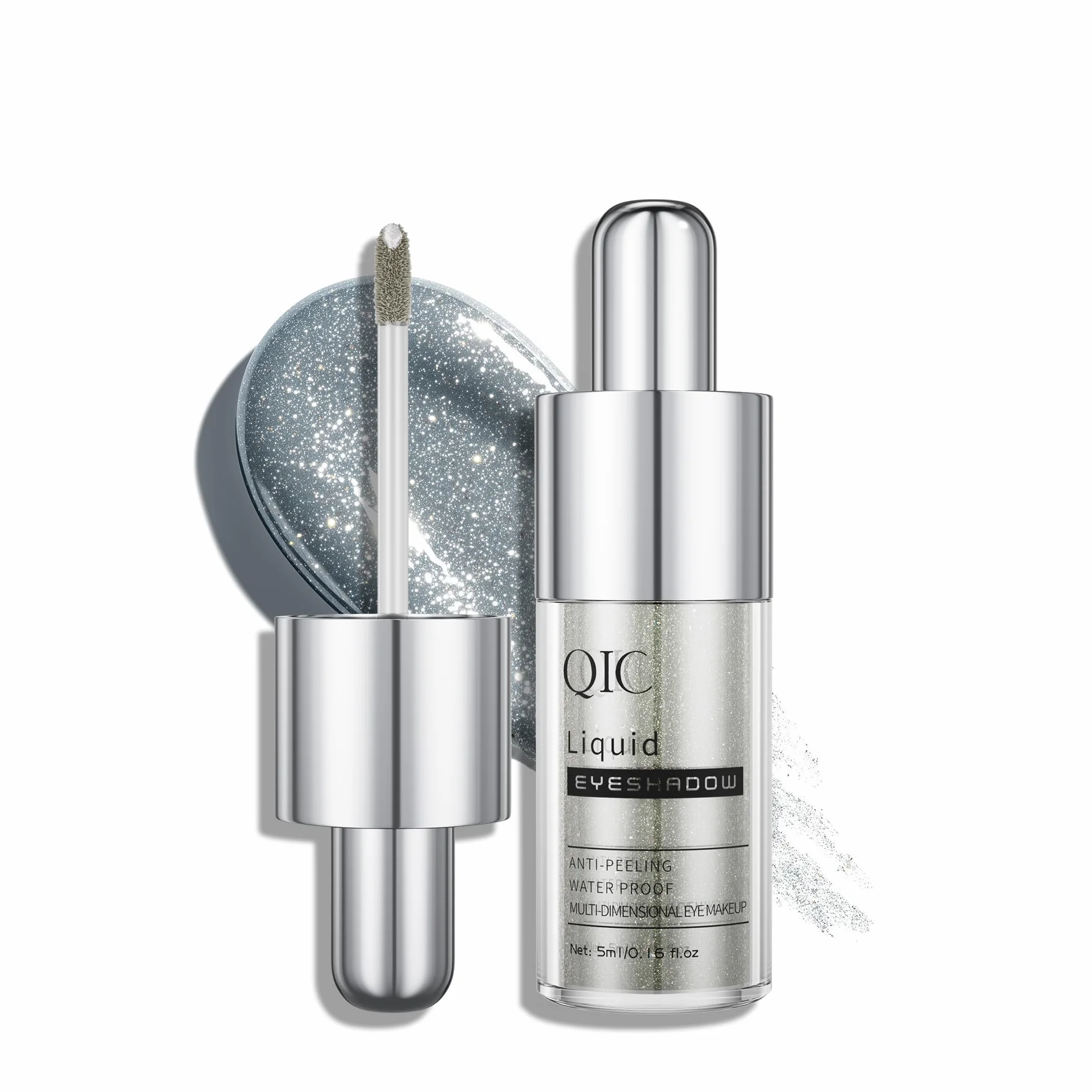 QIC Ombretto Liquido Glitter, Finish Metallico e Scintillante, Lunga Durata, Senza Crepe, Resistente allo Sfregamento, Formula Leggera per Tutti i Toni di Pelle, Colore Costruibile (01 Milky Way)