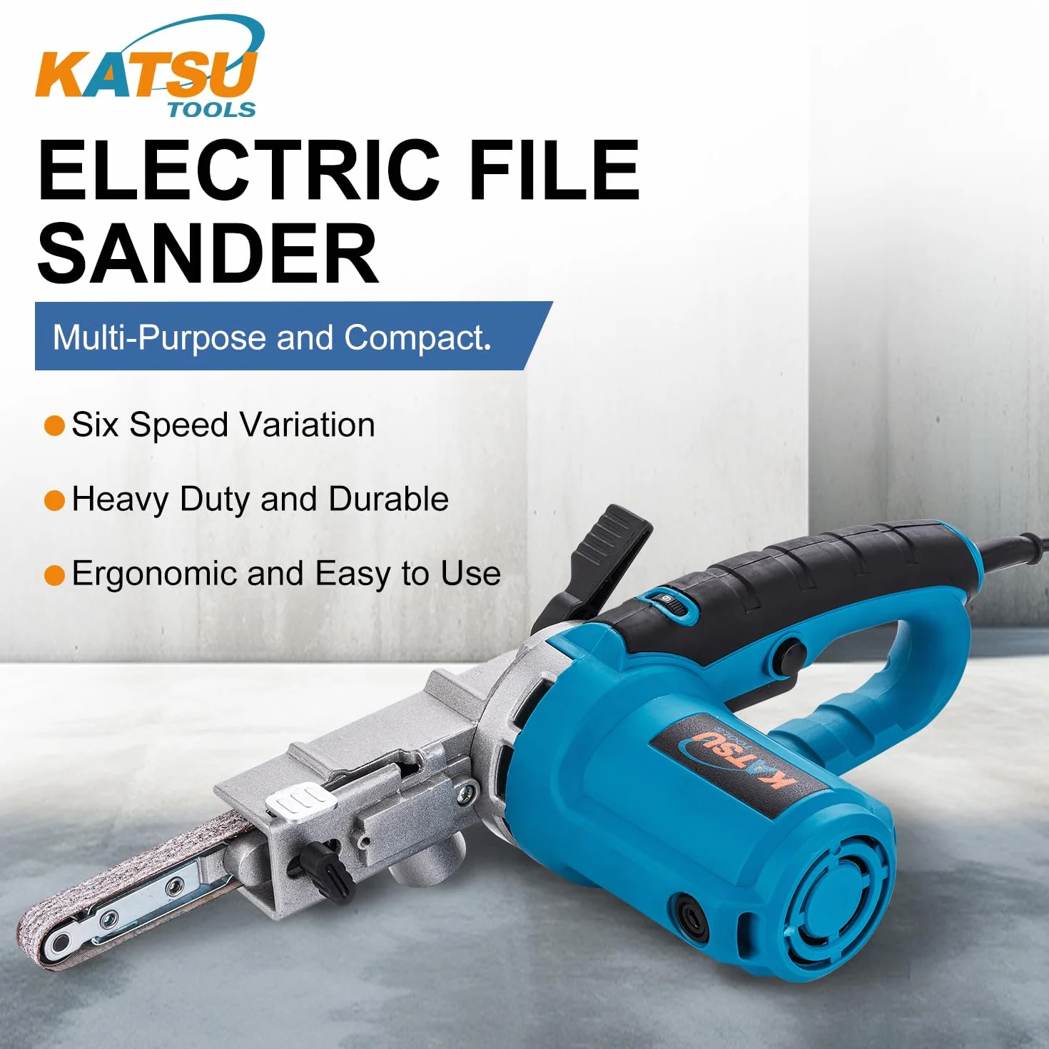 KATSU Tools Levigatrice a nastro elettrica 400 W, levigatura e lucidatura, include nastri abrasivi e sacchetto polvere