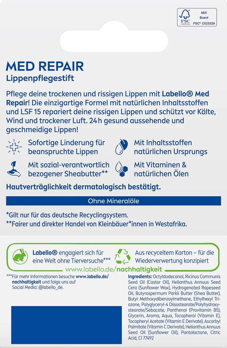 Labello Med Repair - Matita per la cura delle labbra, senza olio minerale, con SPF 15 e vitamina E, per labbra fragili, balsamo per labbra con burro di karitè e oli naturali (4,8 g)