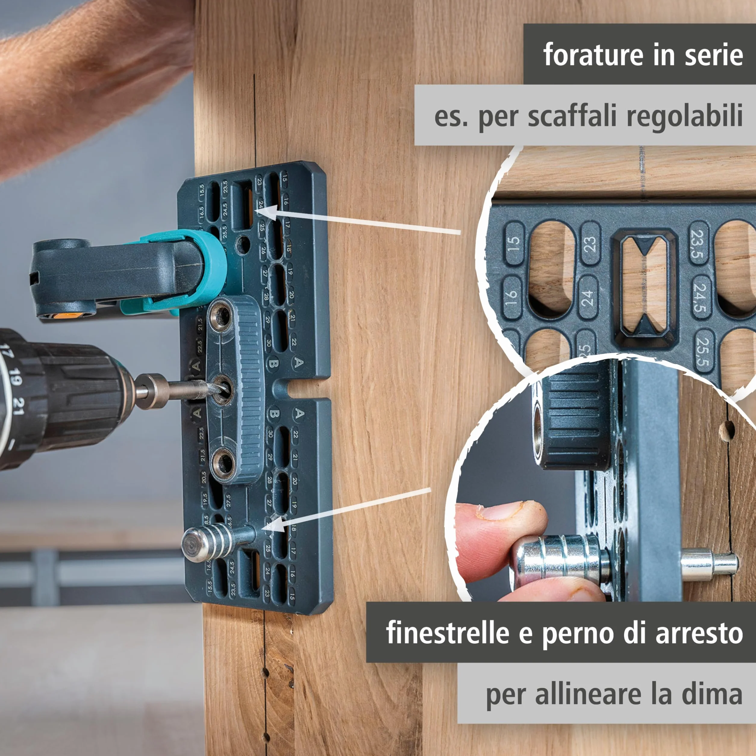 Wolfcraft Set Giunzioni Eccentriche per Mobili, Dima Foratura con Punte, Arresti Profondità, Tasselli Legno per Giunzioni Piane, Angolo e T