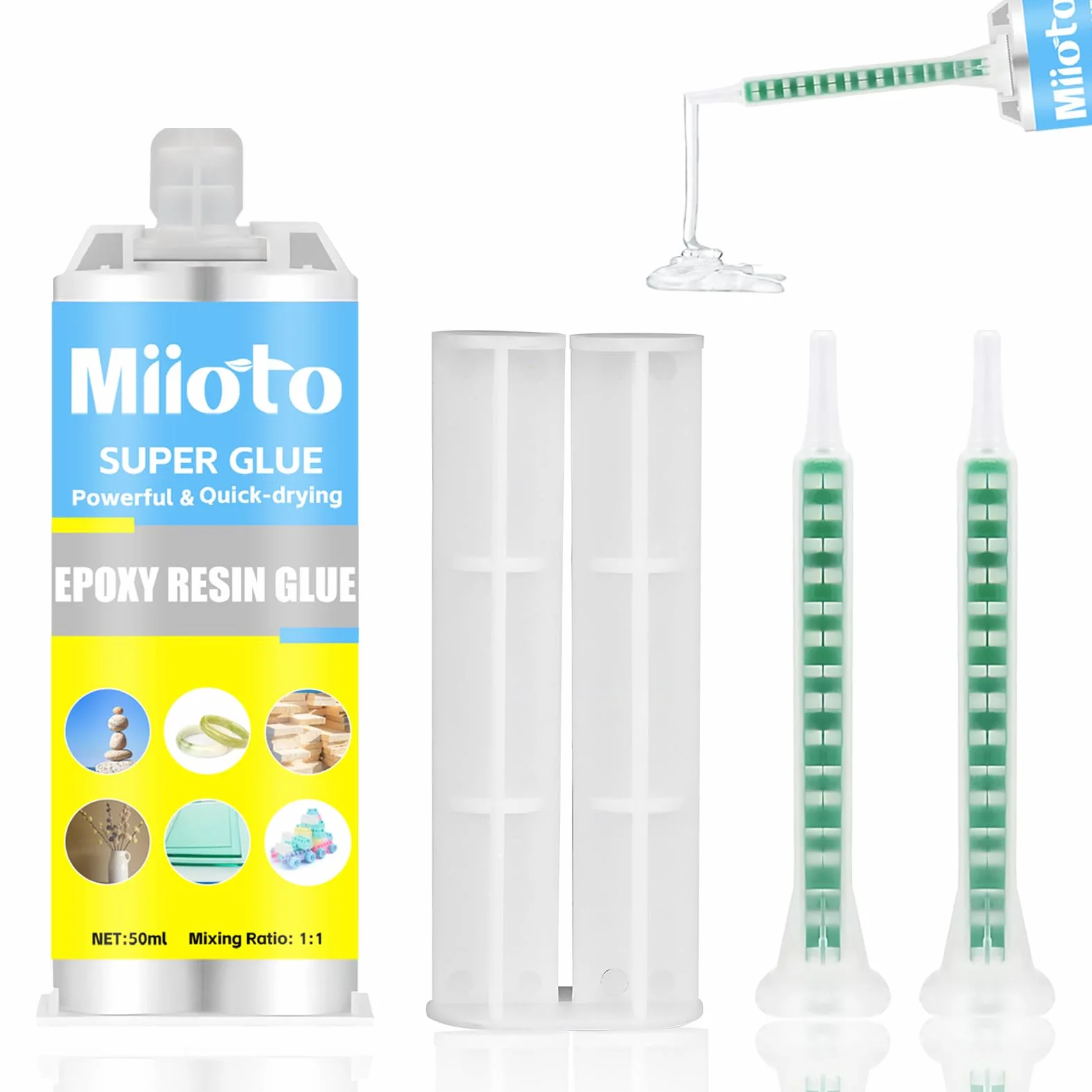 Colla Epossidica Bicomponente Miioto per Plastica, Ceramica, Vetro, Legno, Gomma, Metallo (50g)