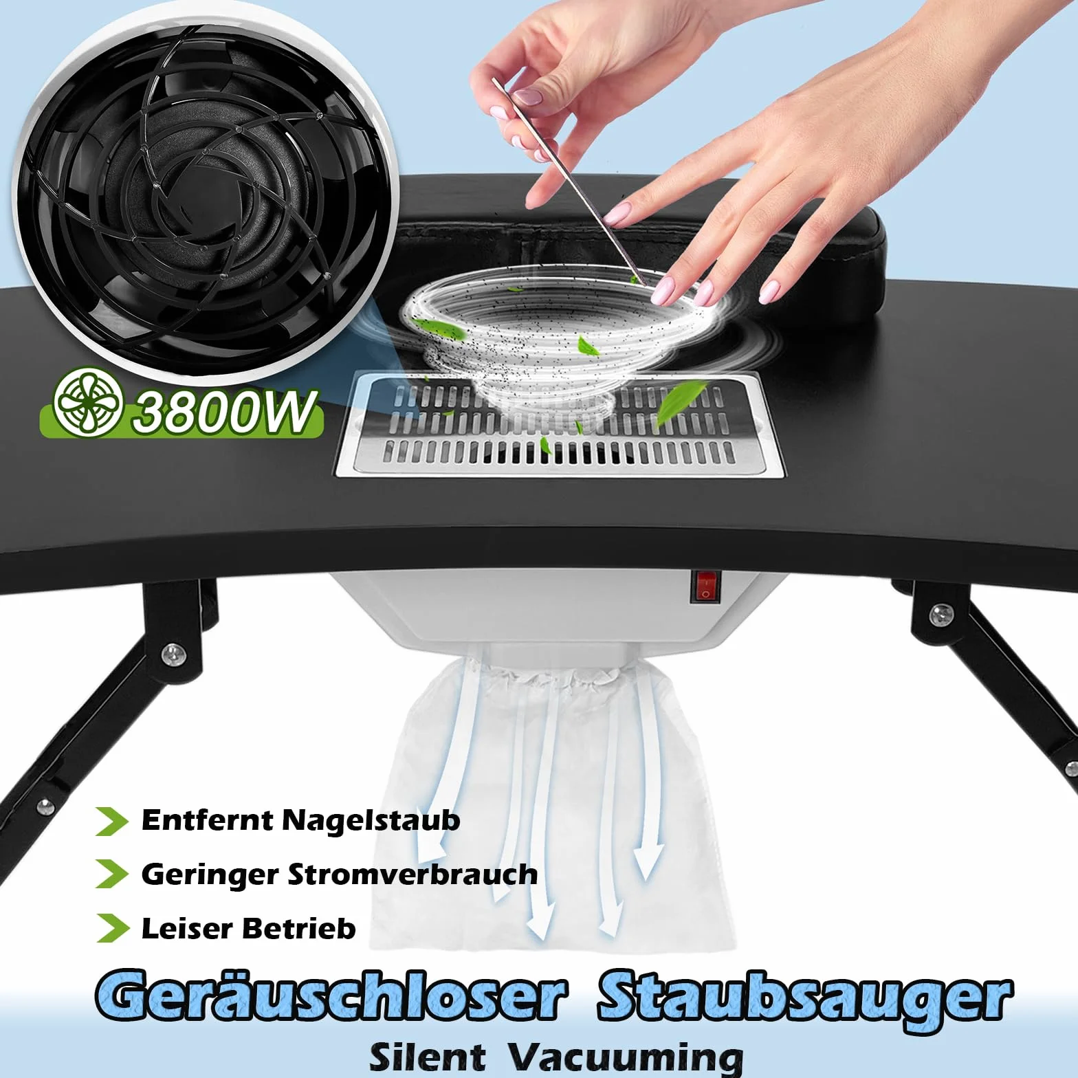 LZQ Tavolo per Manicure Pieghevole Con Aspirazione e Aspirapolvere, 90 x 37 x 77 cm, Colore Nero