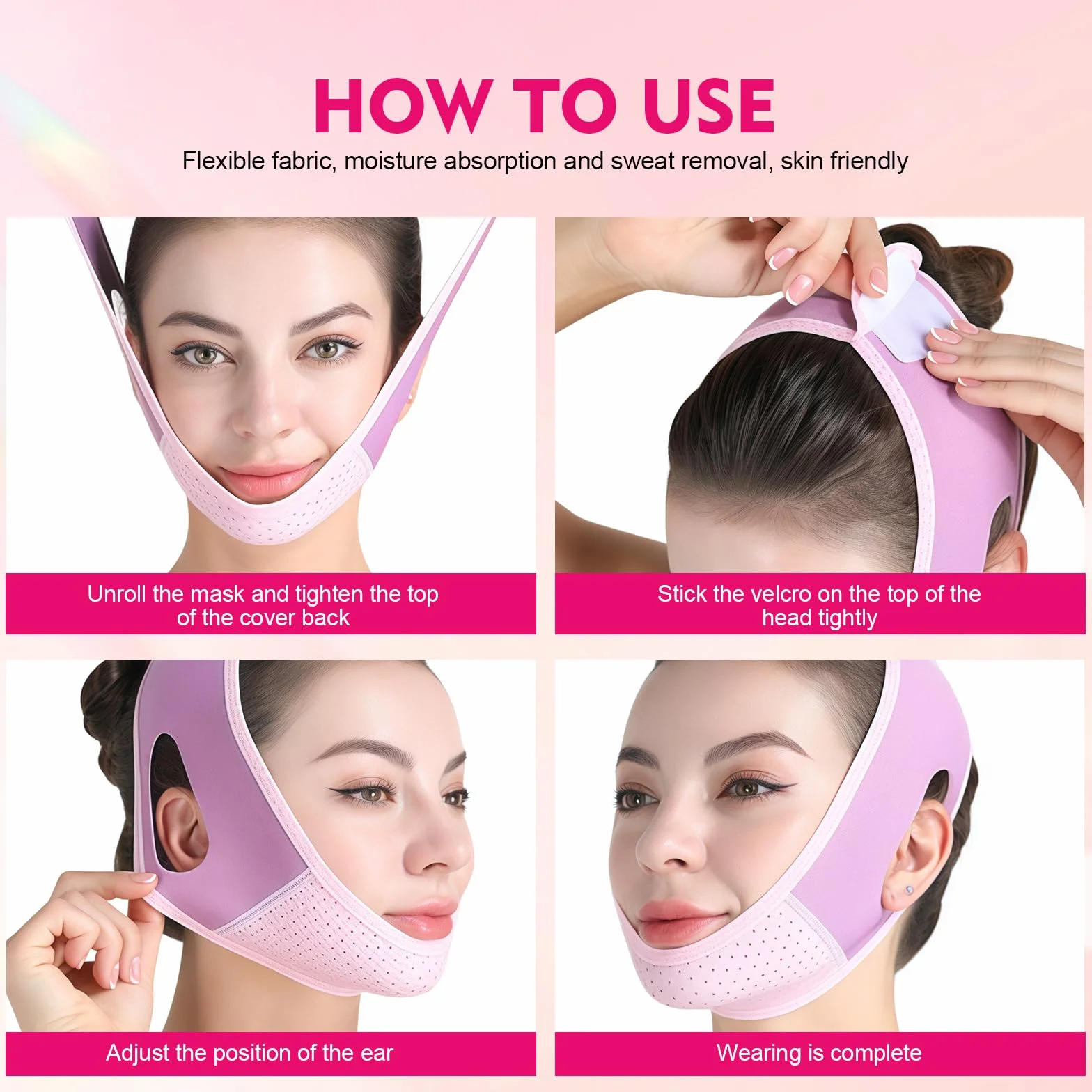 Maschera V Facciale Riutilizzabile,Fascia Lifting Mentoniera Antirughe,Riduttore Doppio Mento con Effetto Snellente Viso,Fascia Reggente per Rassodare il Contorno Viso e Mento,Pink