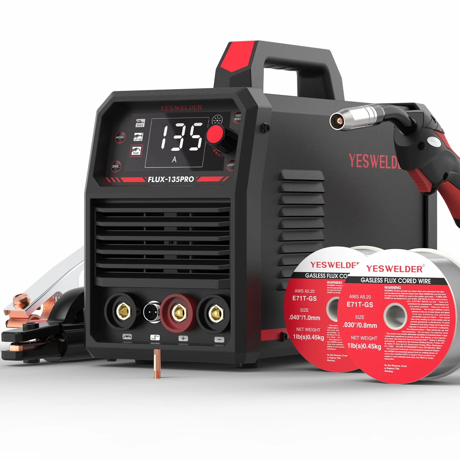 YESWELDER 135Amp Saldatrice MIG Senza Gas 230V 3-in-1 Saldatore LED con 2 Confezioni Filo