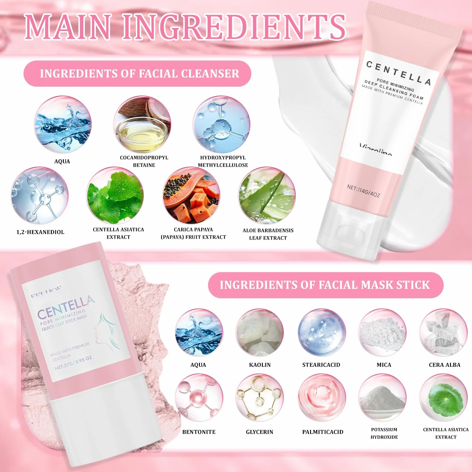 2 Pezzi Centella Detergente Viso + Maschera per Argilla, Kit Centella Asiatica, Madagascar CENtella Skincare, Riduce i Pori, Clay Stick CEntella Ampoule Foam, Adatto a Tutti i Tipi di Pelle