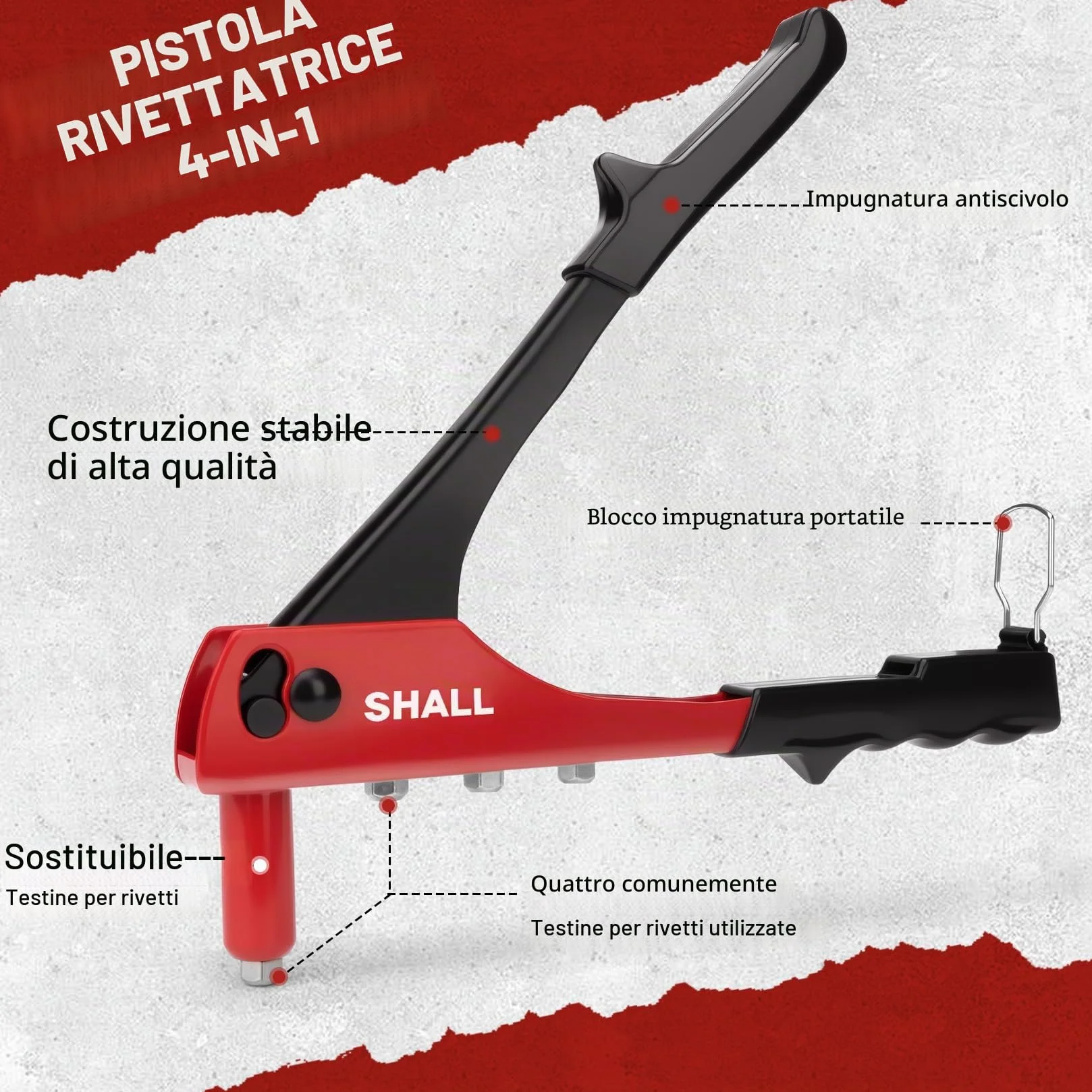SHALL Set Rivettatrice Manuale 4 in 1 200 Rivetti 4 Misure 2,4-4,8 mm